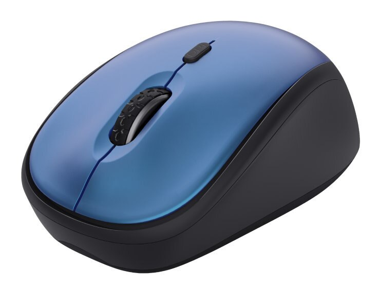 Niebiesko-czarna mysz komputerowa, widok z góry. Posiada kółko przewijania i przyciski.