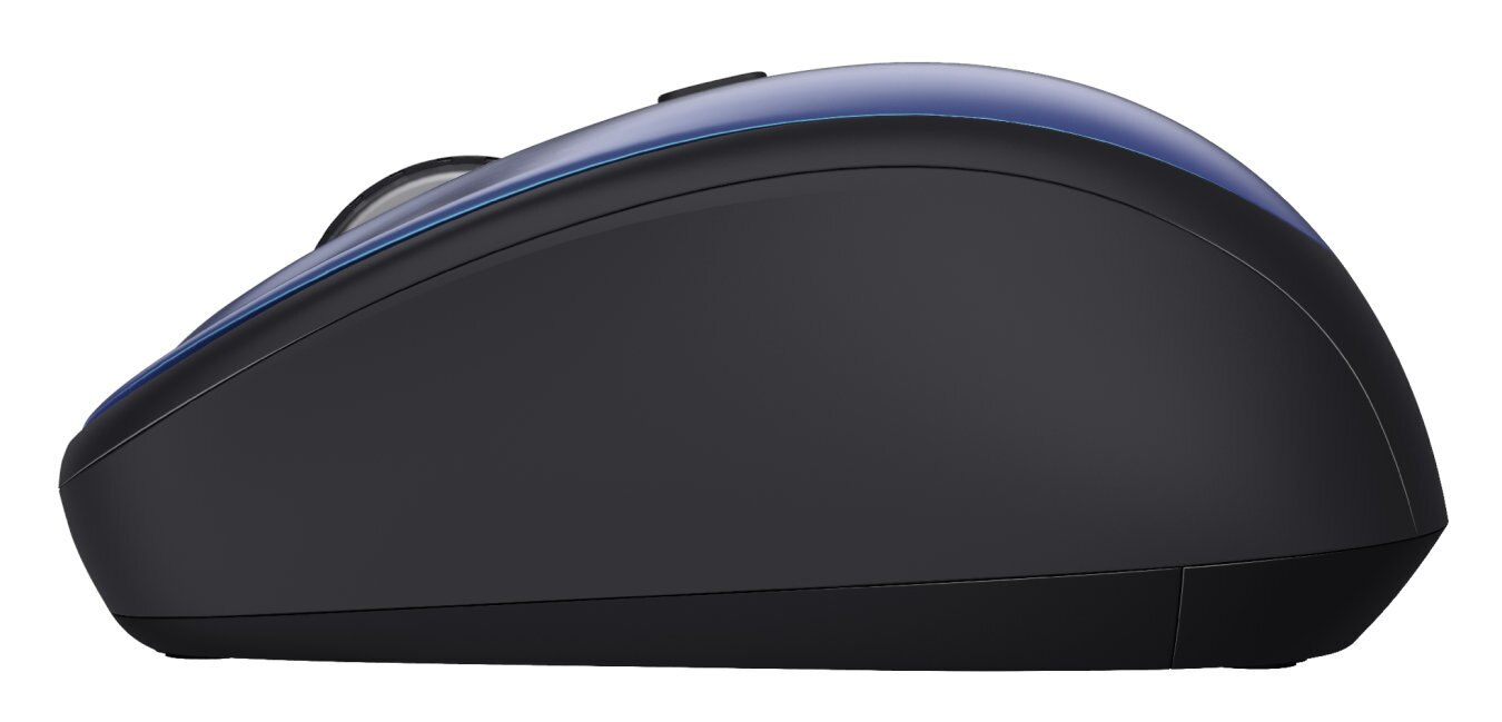 Czarna mysz z niebieskim paskiem na górze. Widok z boku myszy komputerowej.