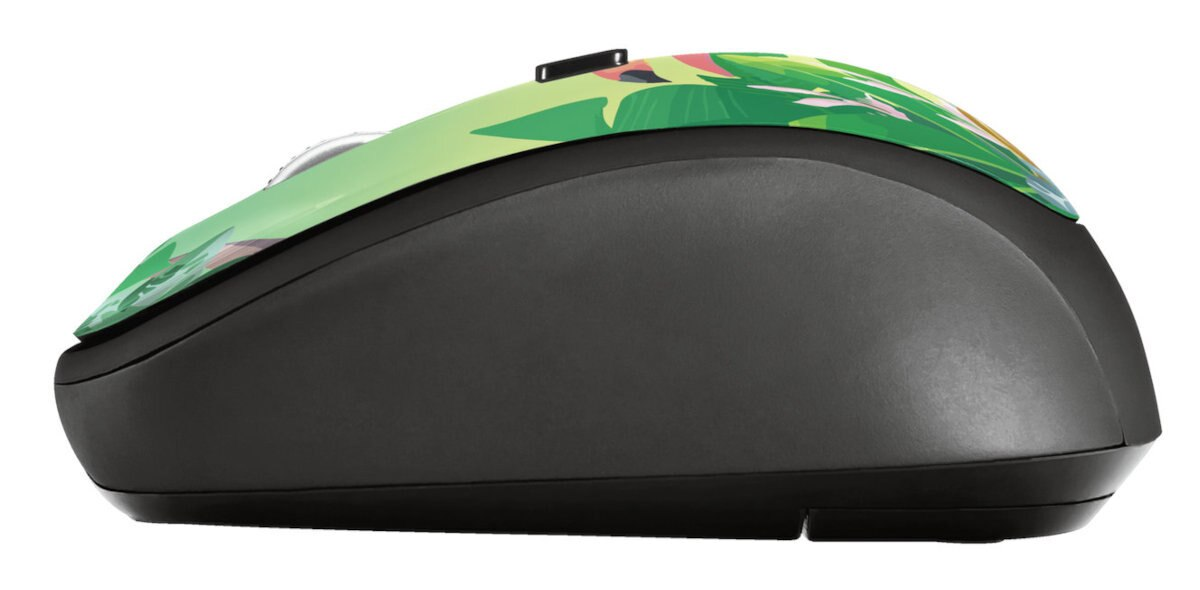 Czarna mysz komputerowa z kwiatowym wzorem na górze.