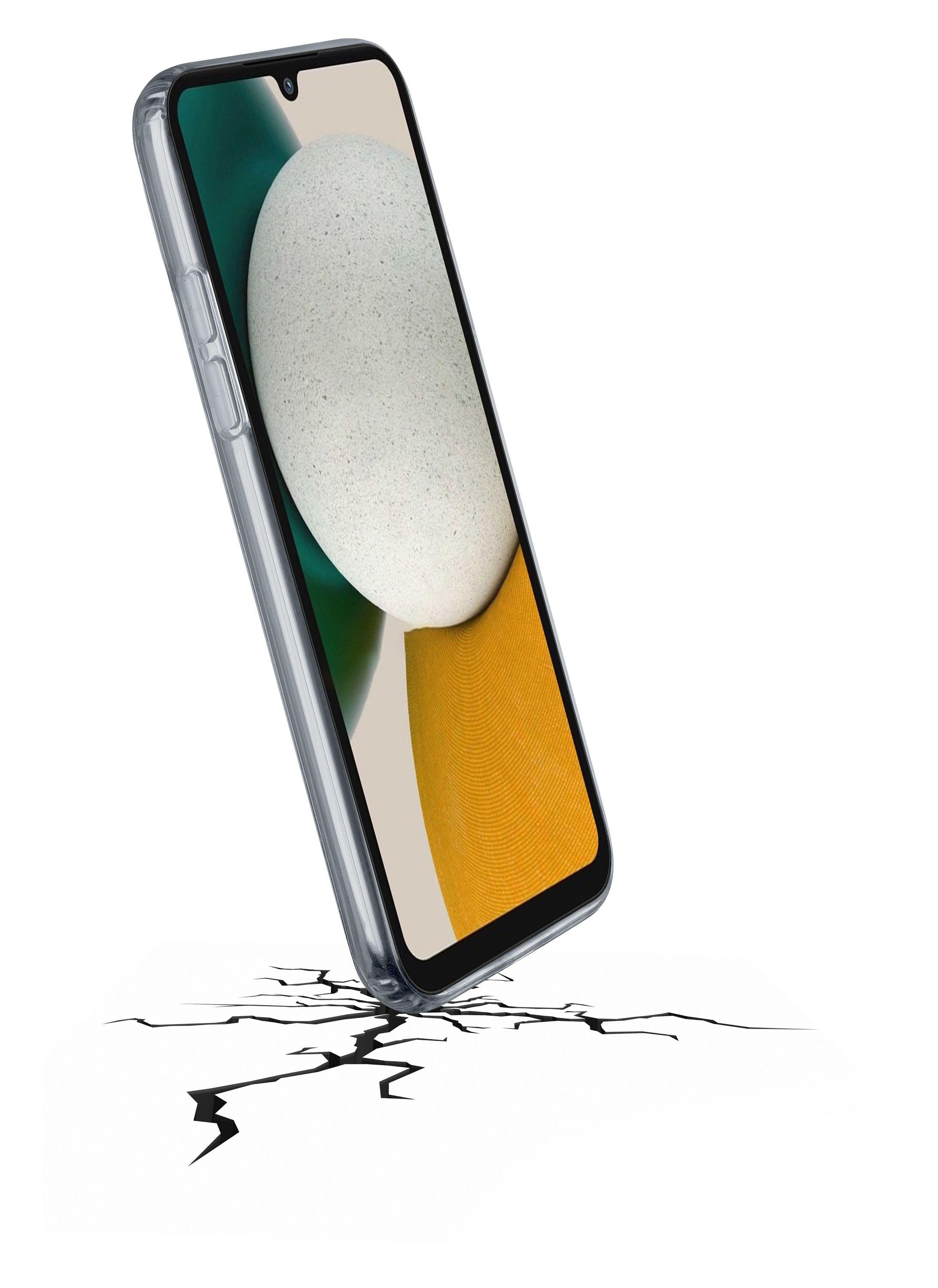 Ein Smartphone mit transparentem Gehäuse fällt und lässt den Boden reißen.