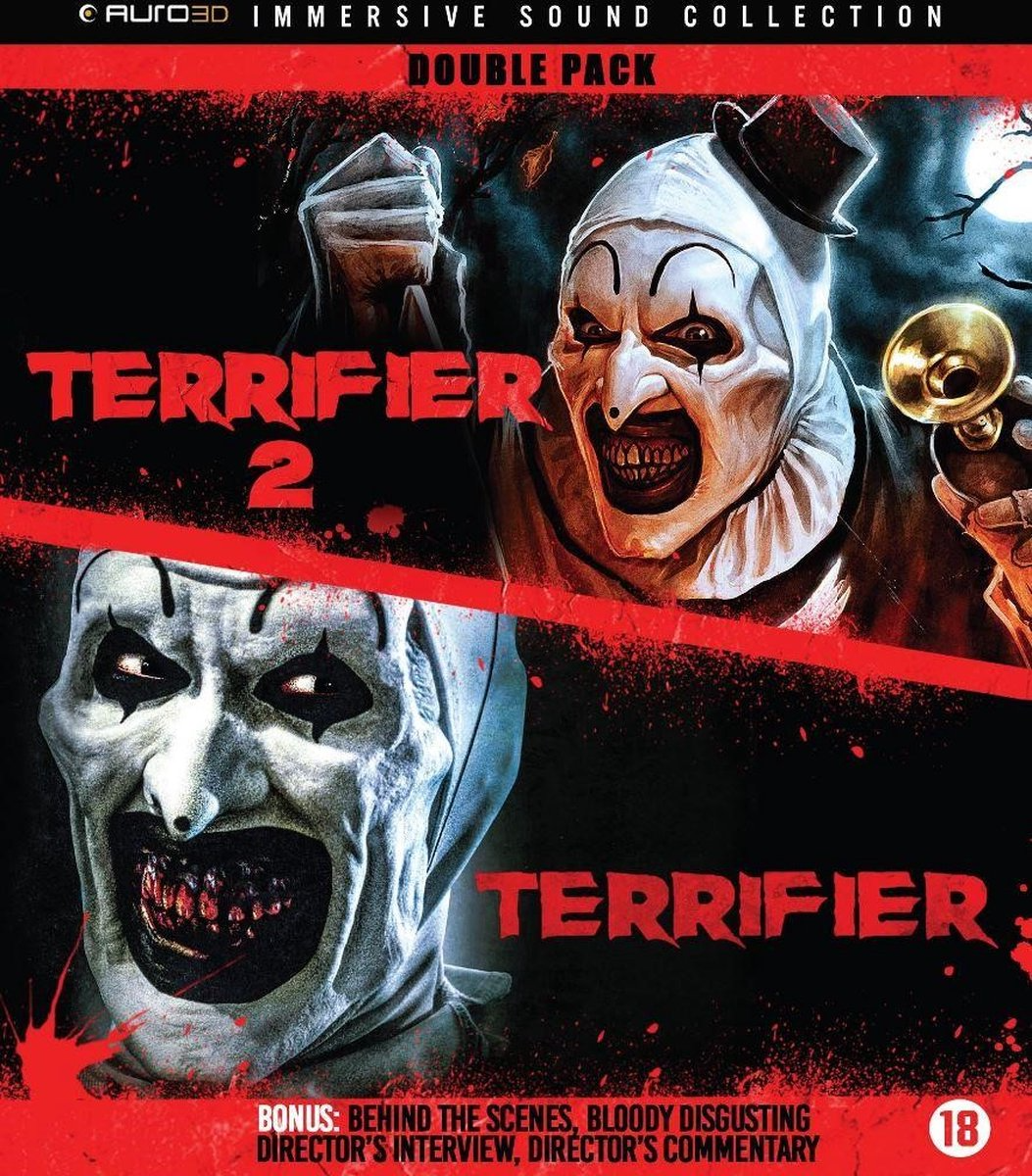 Couverture DVD des films d'horreur 'Terrifier 2' et 'Terrifier' avec des clowns.