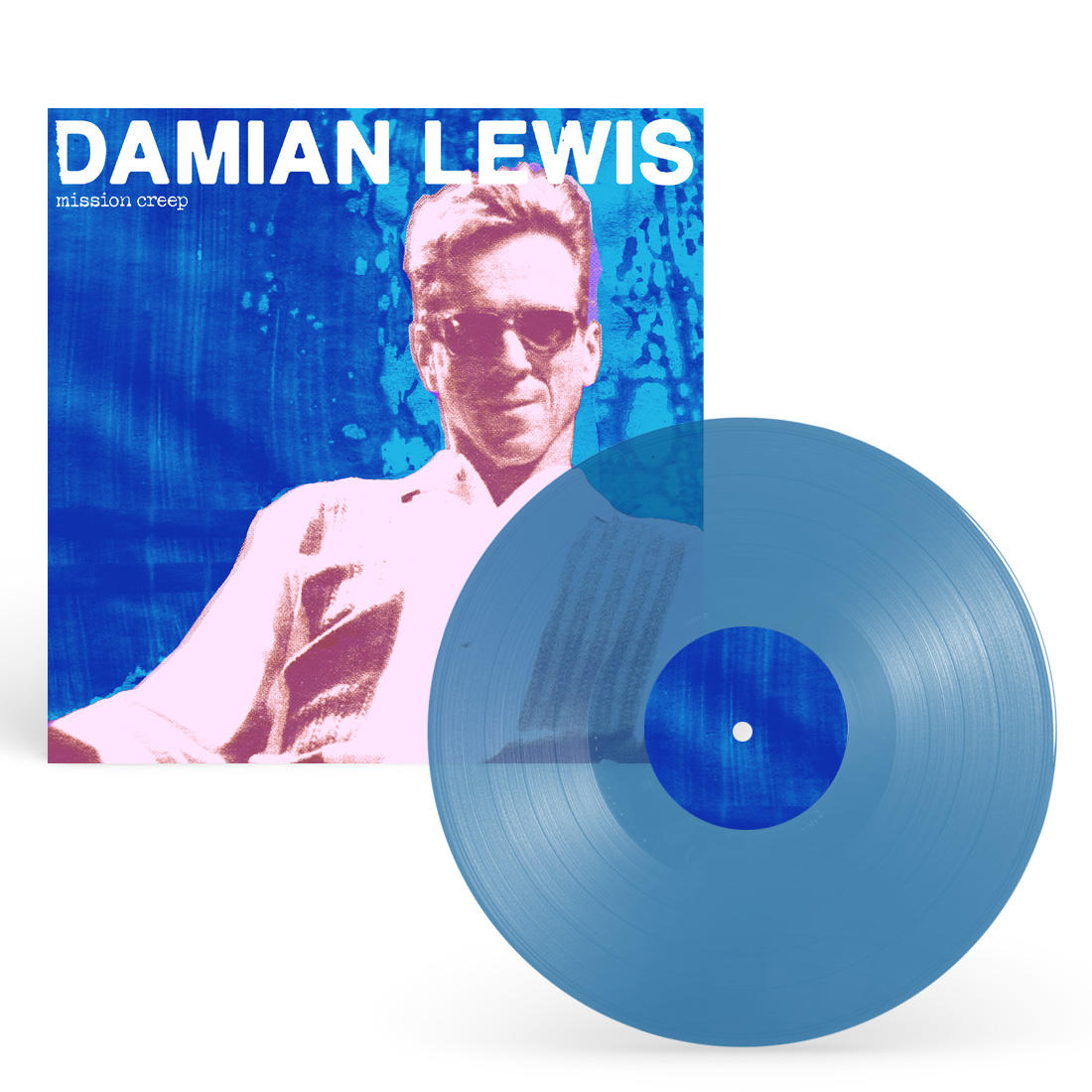 Album borítója Damian Lewisszel, napszemüveggel. Kék bakelit lemez mellette.