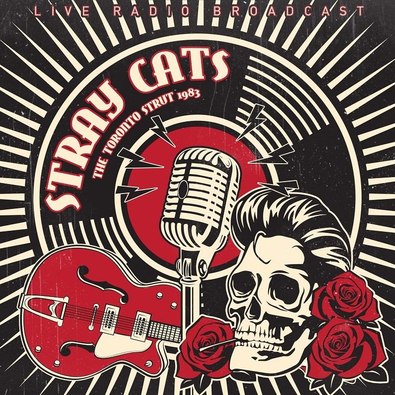 Album borítója a 'Stray Cats'-szel és egy mikrofonnal, gitárral és koponyával rózsákkal. Retro design.