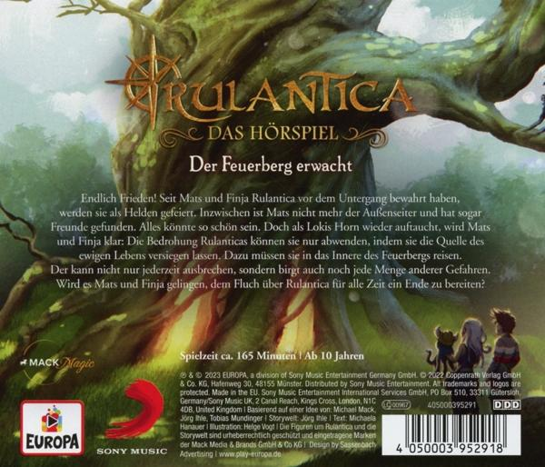 Buchcover: 'Rulantica'. Baumhintergrund. Text auf Deutsch: 'Der Feuerberg erwacht'.