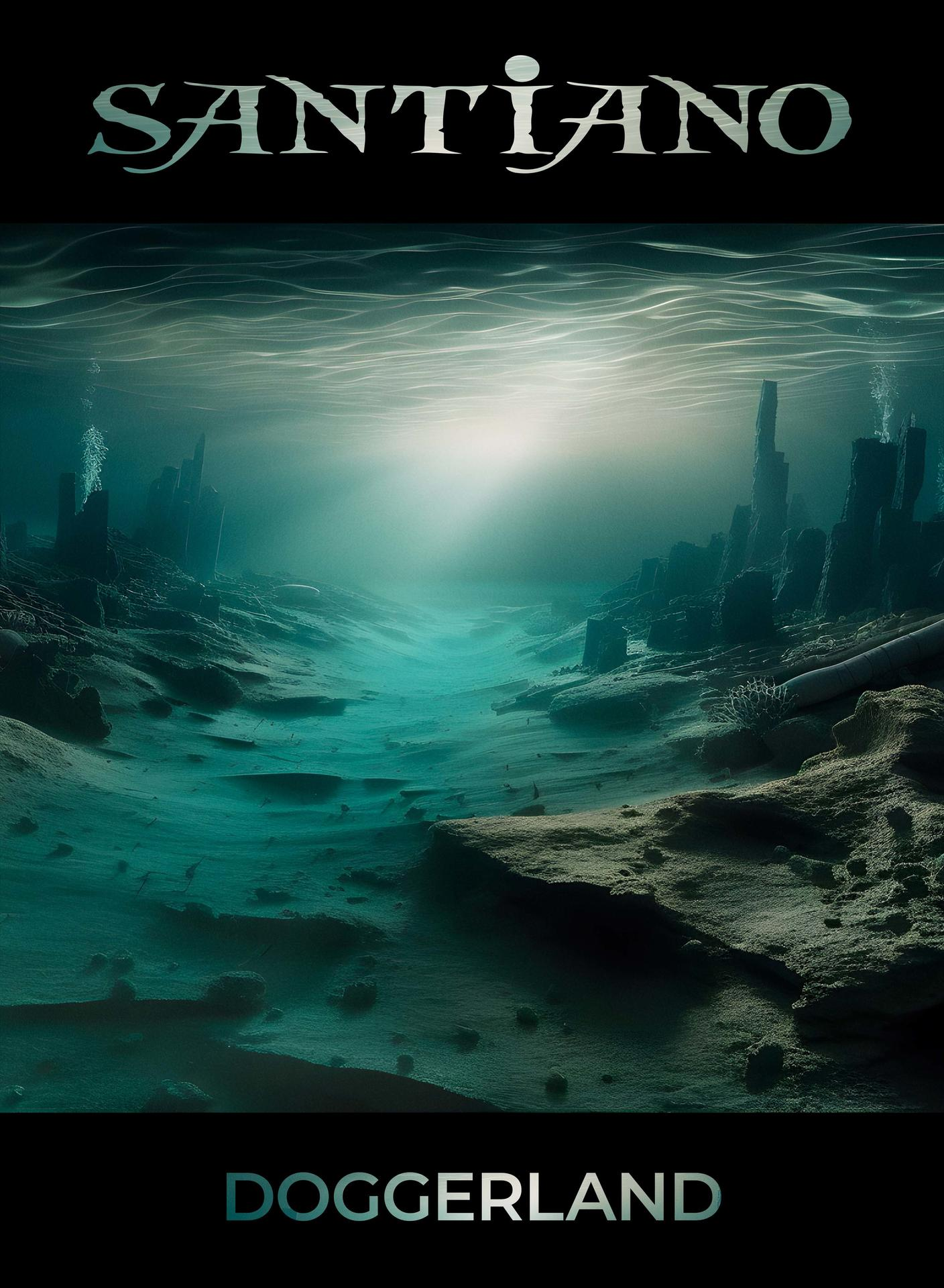 Unterwasserszene mit versunkener Stadt und den Wörtern 'SANTIANO' und 'DOGGERLAND' unten.