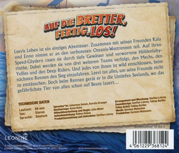 Die Rückseite eines Buches mit Text auf Deutsch. Das Cover hat eine blaue Ozeanszene und einen Titel.
