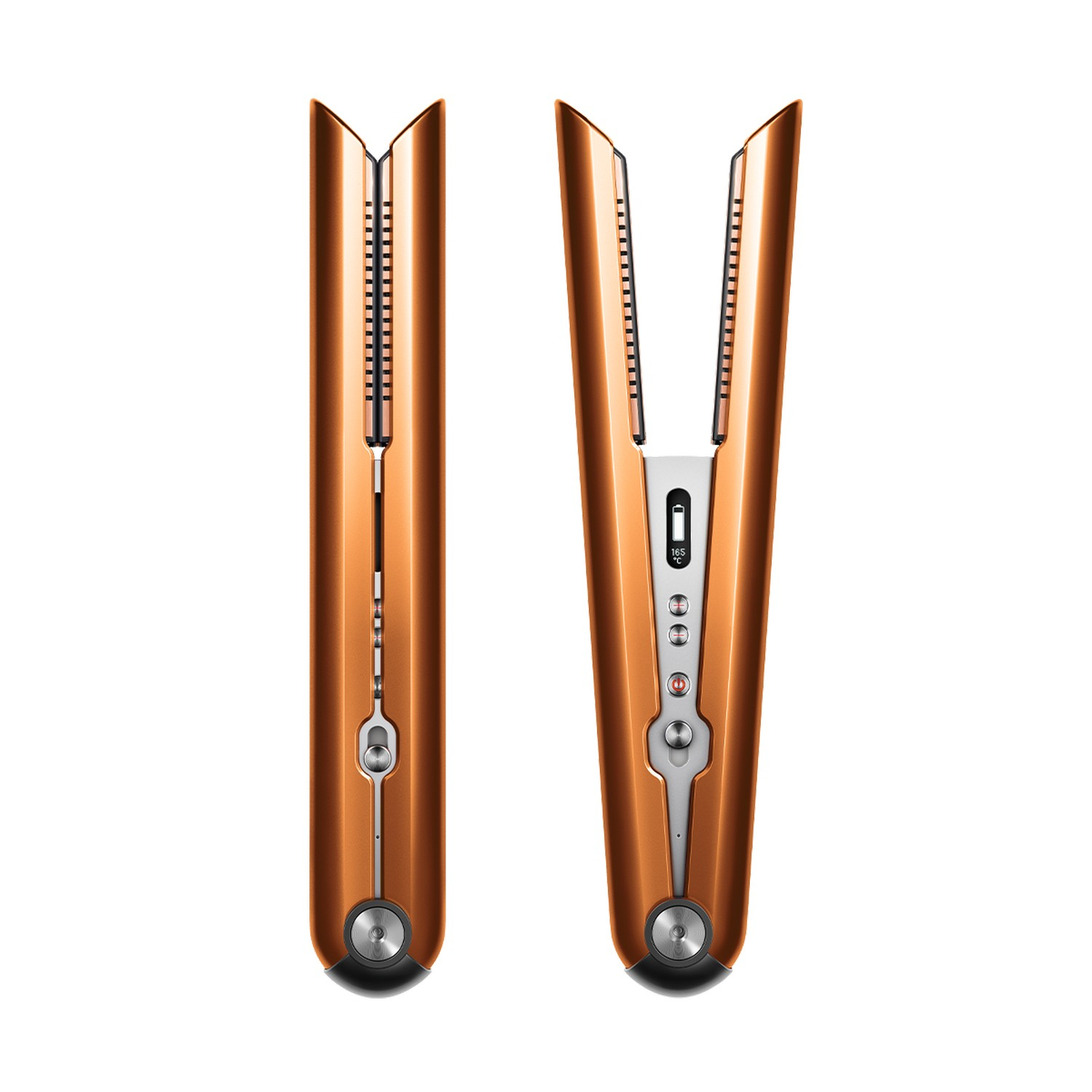 Two orange hair straighteners. One open, the other closed.