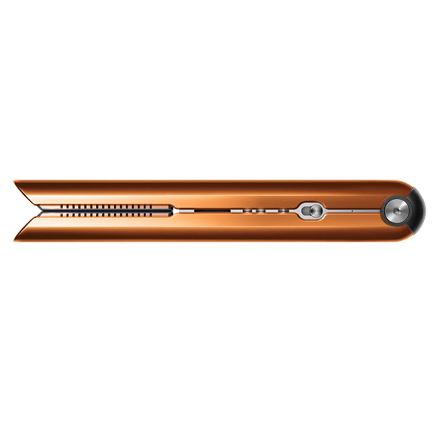 Top view of a copper-colored hair straightener.