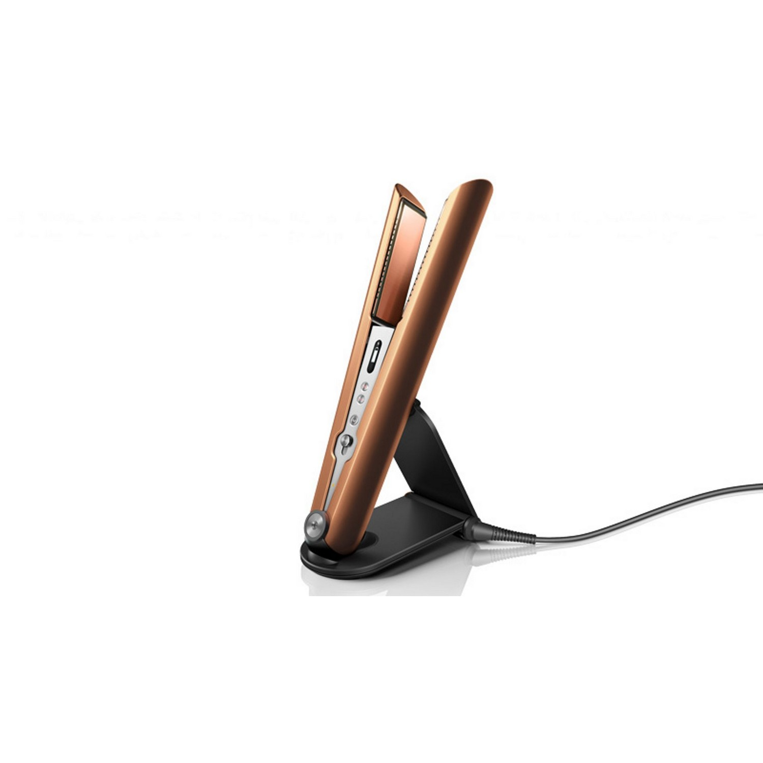 Copper-colored hair straightener on a black stand, white background.