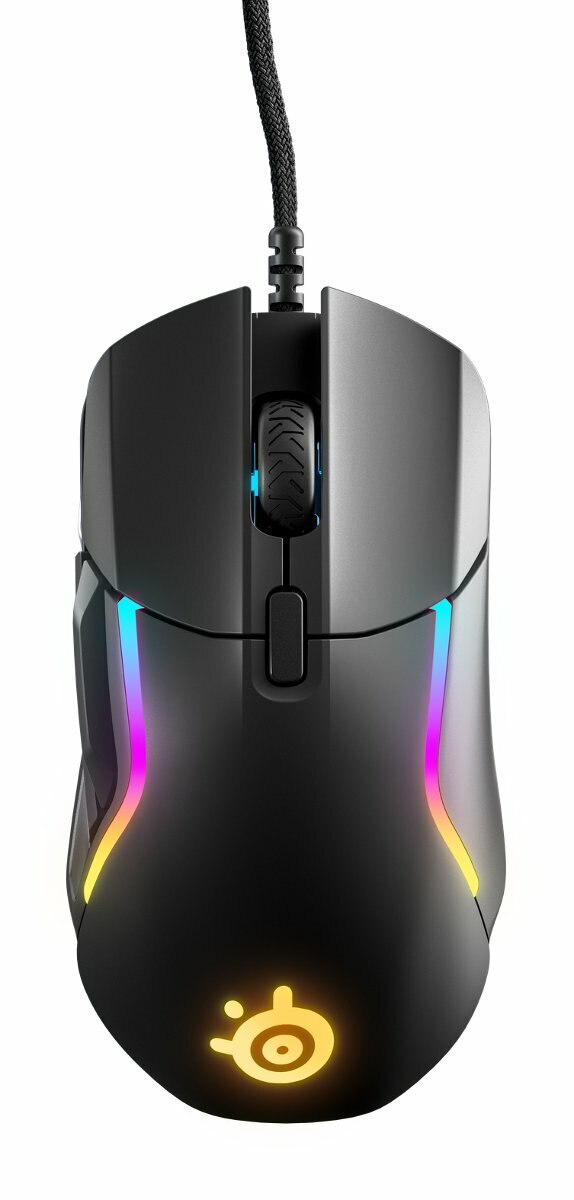 Czarna mysz do gier z kolorowymi światłami po bokach i logo na dole.