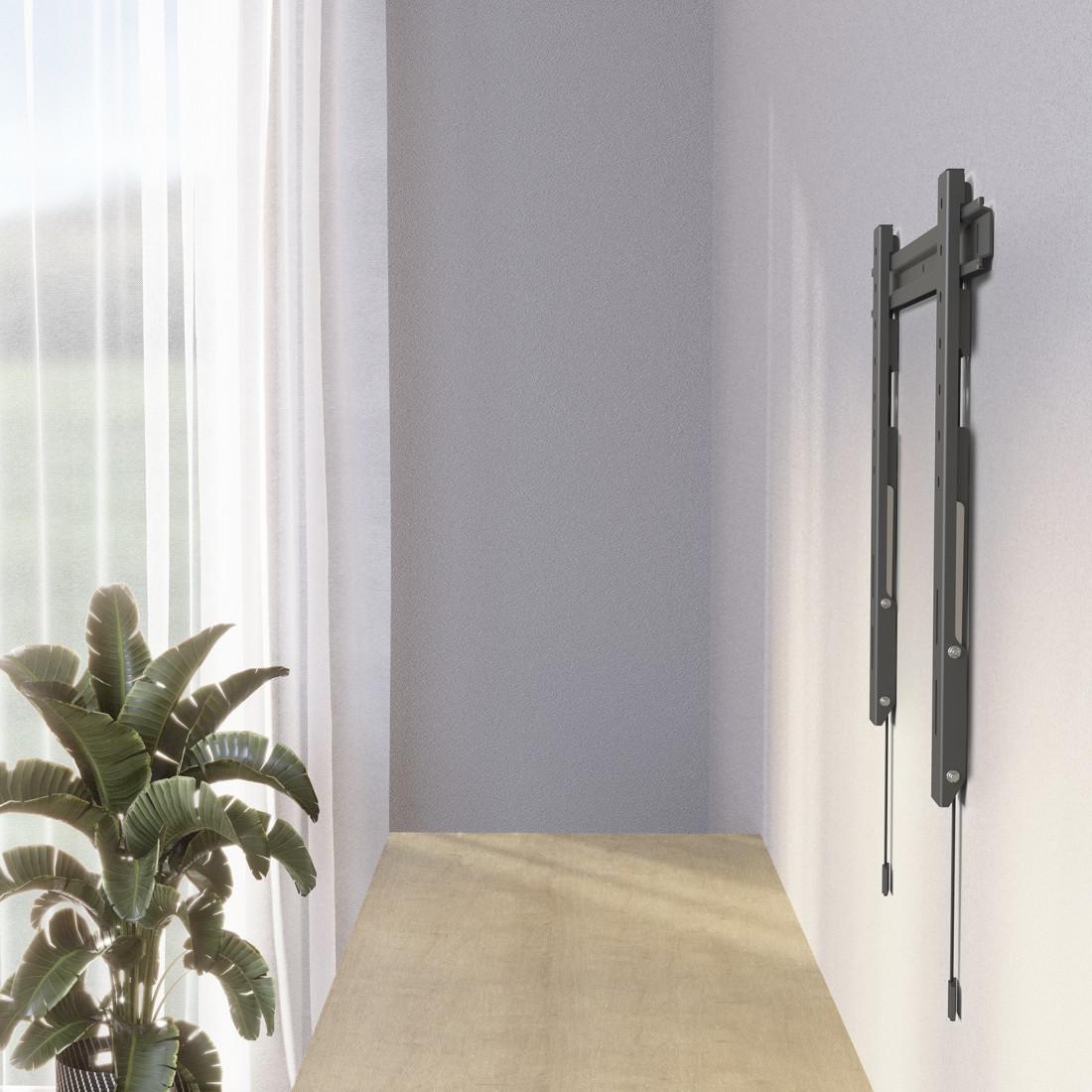 Moderne schwarze TV-Wandhalterung an weißer Wand, Fenster und Pflanze links.