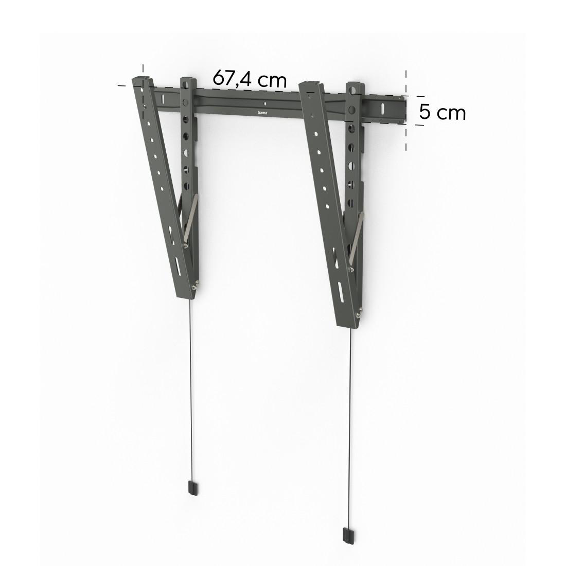 Graue TV-Wandhalterung. Die Wandhalterung ist 67,4 cm breit und 5 cm hoch.