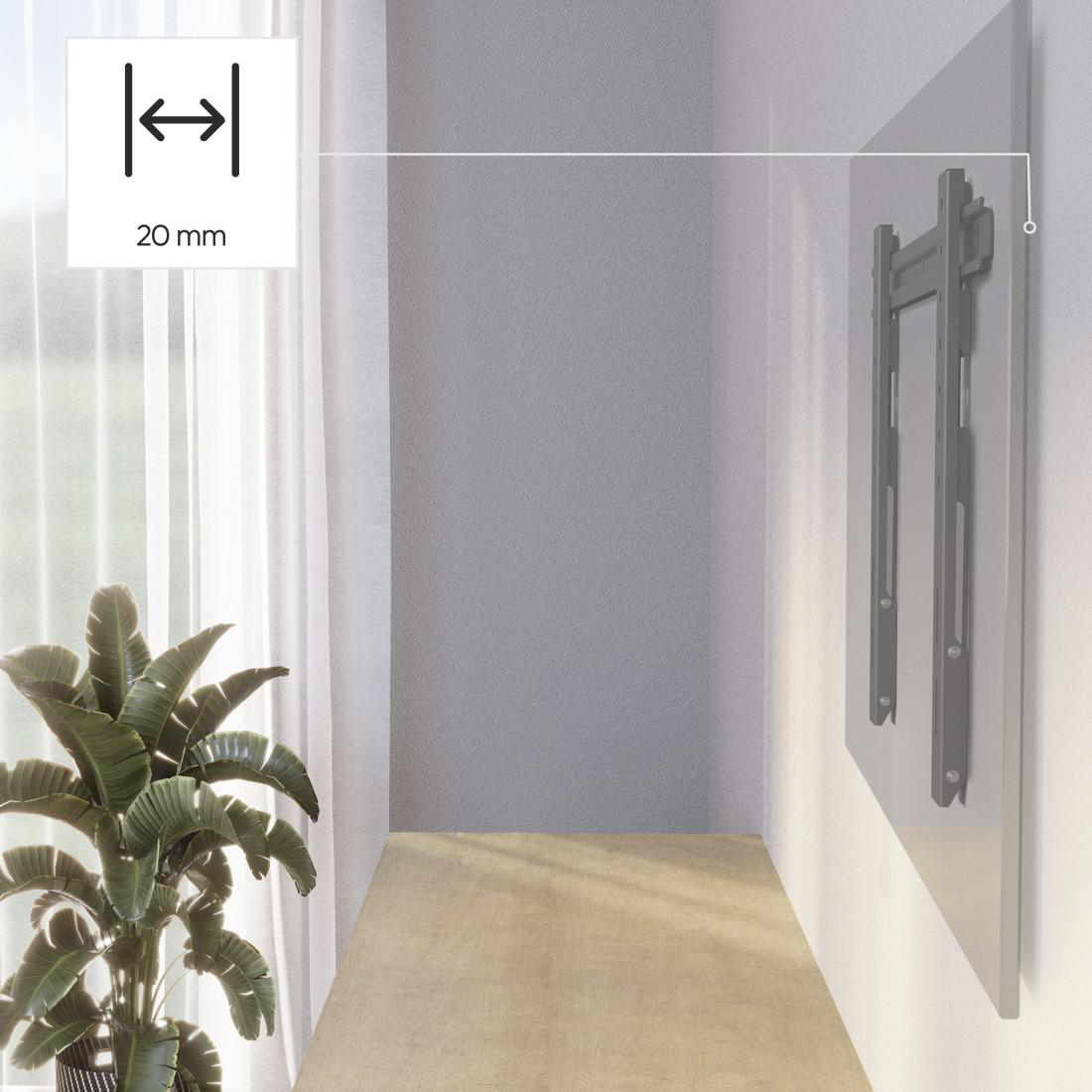 Wand mit montierter Halterung und Pflanze im Vordergrund.