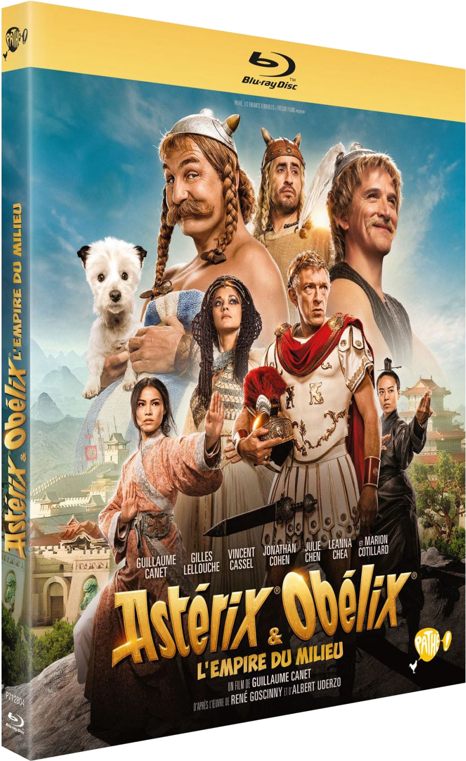 Couverture Blu-ray d'Astérix & Obélix avec plusieurs personnages. Colorée, avec un chien blanc.