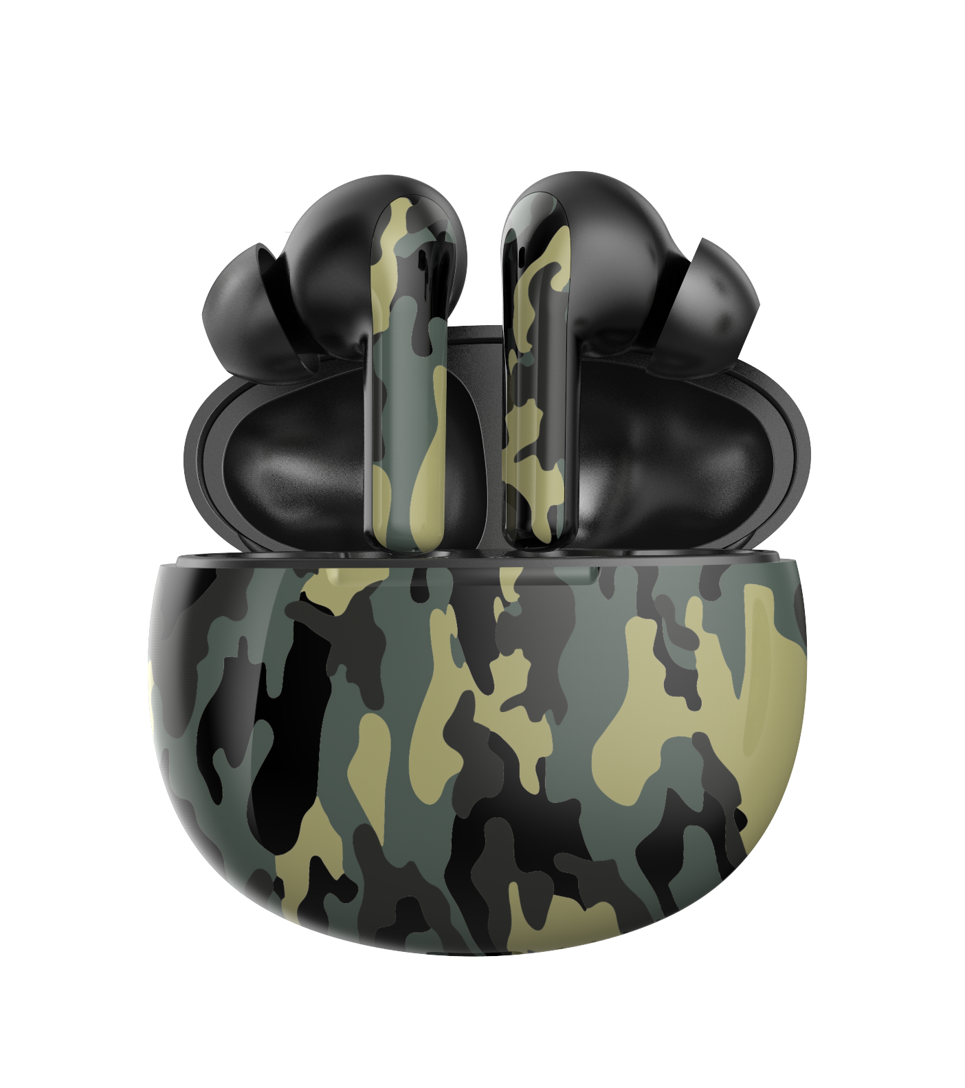 Ohrhörer in einem Etui. Die Ohrhörer und das Etui sind camouflage-grün und schwarz.