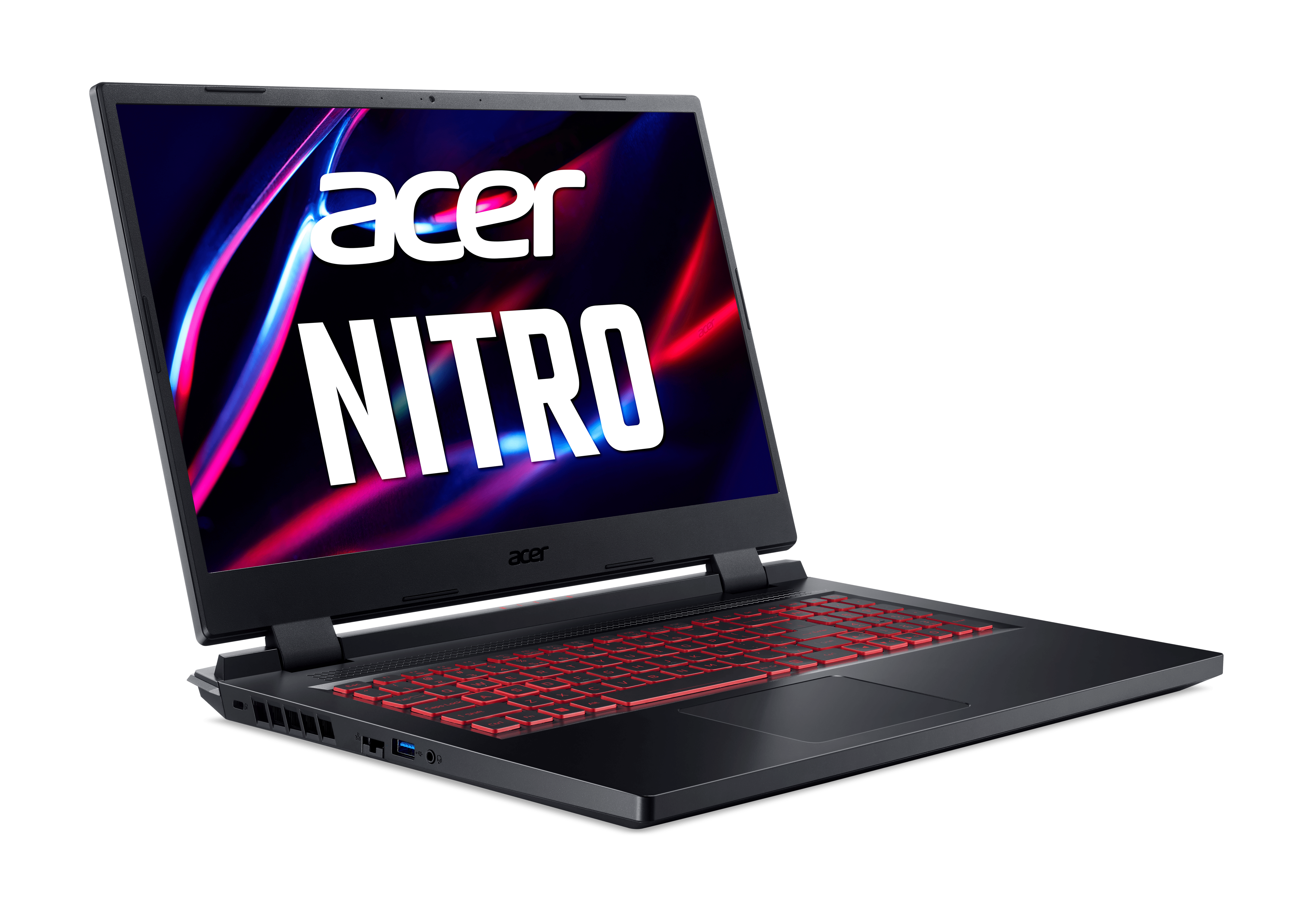 Portátil Acer Nitro negro con teclado retroiluminado en rojo. La pantalla muestra 'acer NITRO' en blanco y rojo.