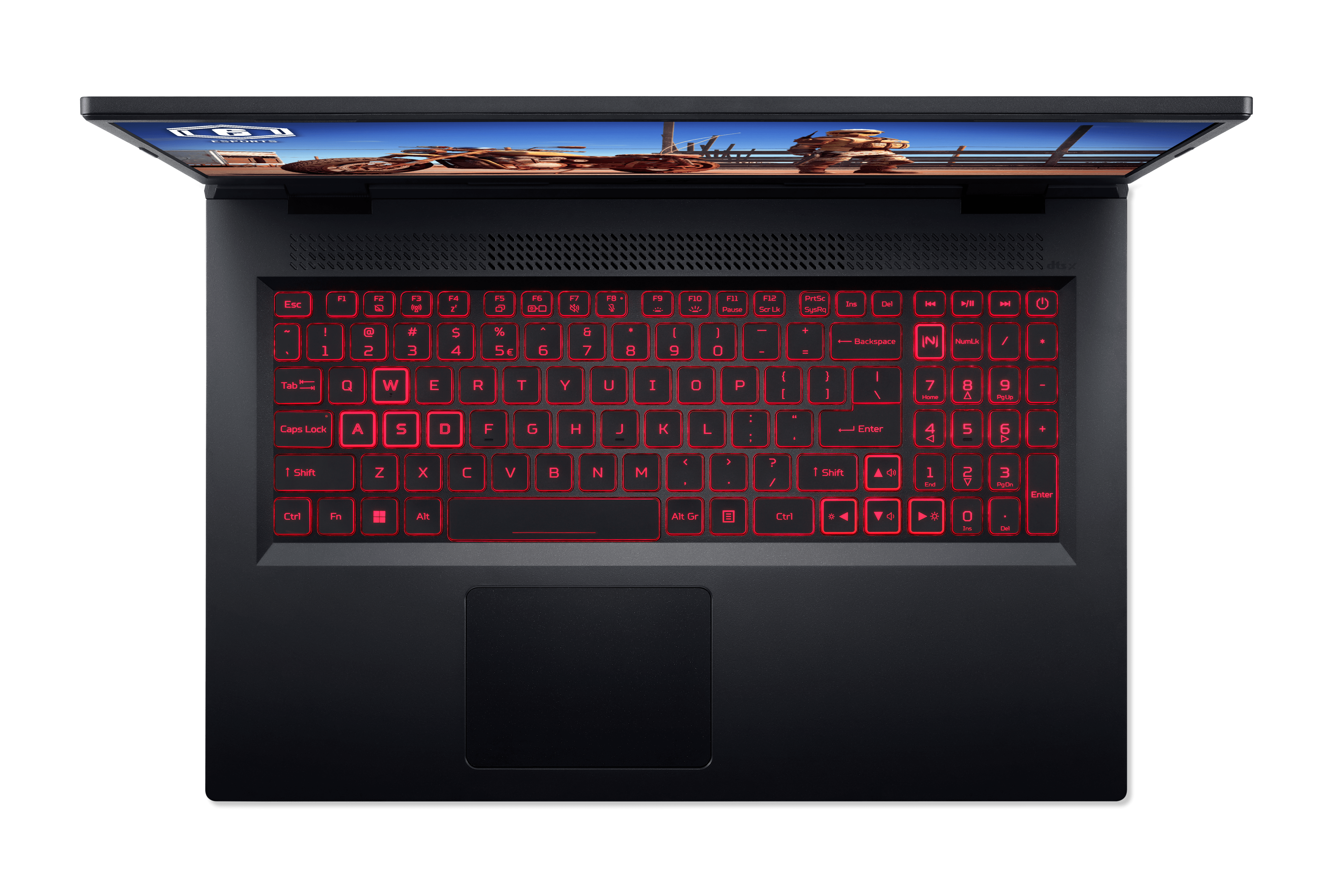Vista superior de una laptop. Teclado con teclas retroiluminadas en rojo, panel táctil negro. Pantalla con paisaje.