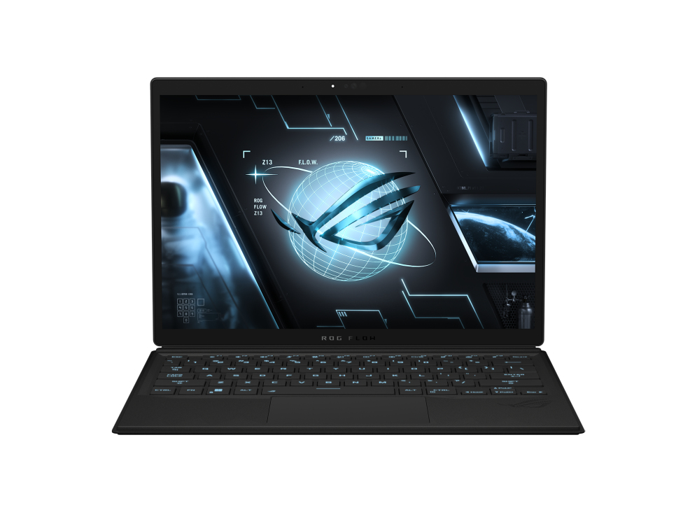 Ordenador portátil negro con teclado. La pantalla muestra un diseño gráfico con colores azules y blancos.
