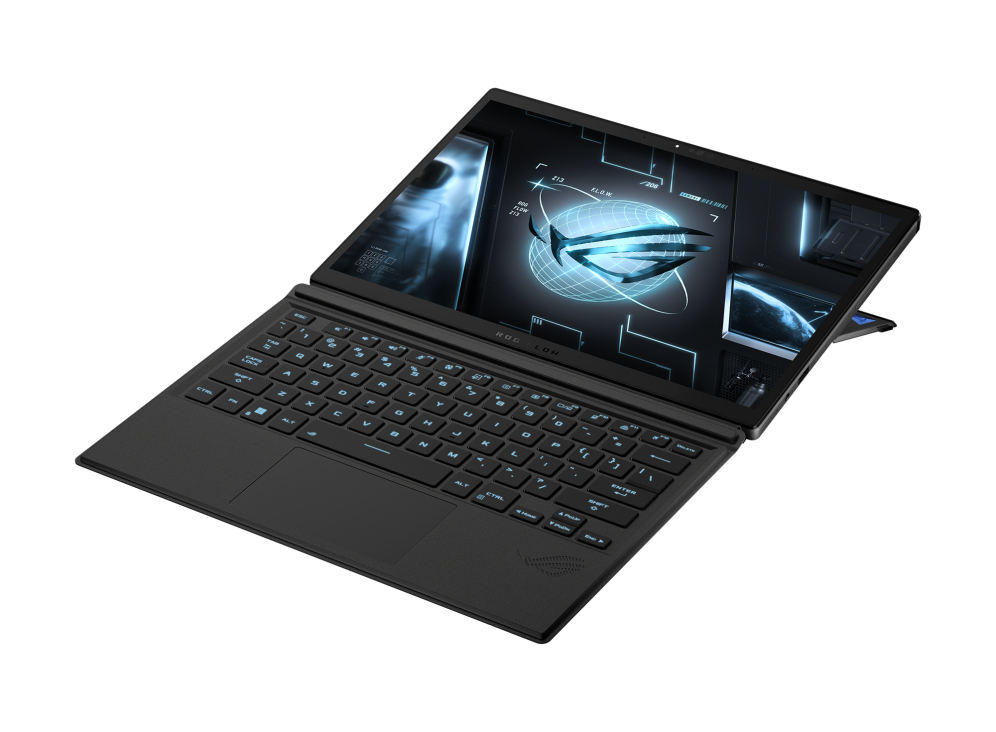 Ordenador portátil negro con teclado abierto y pantalla mostrando gráficos. Fondo blanco.