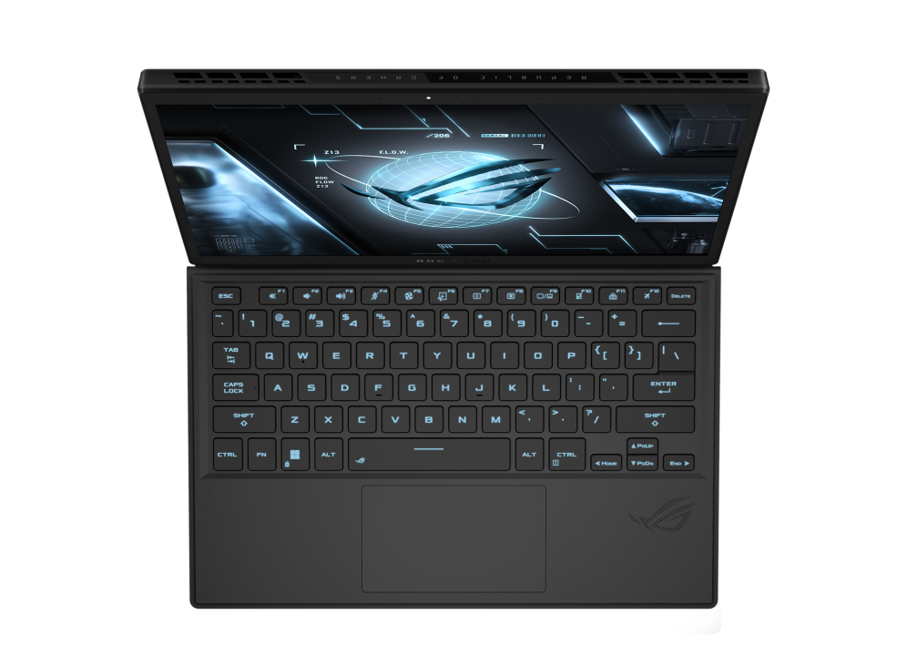 Un portátil negro con teclado retroiluminado azul. La pantalla está abierta y muestra gráficos.