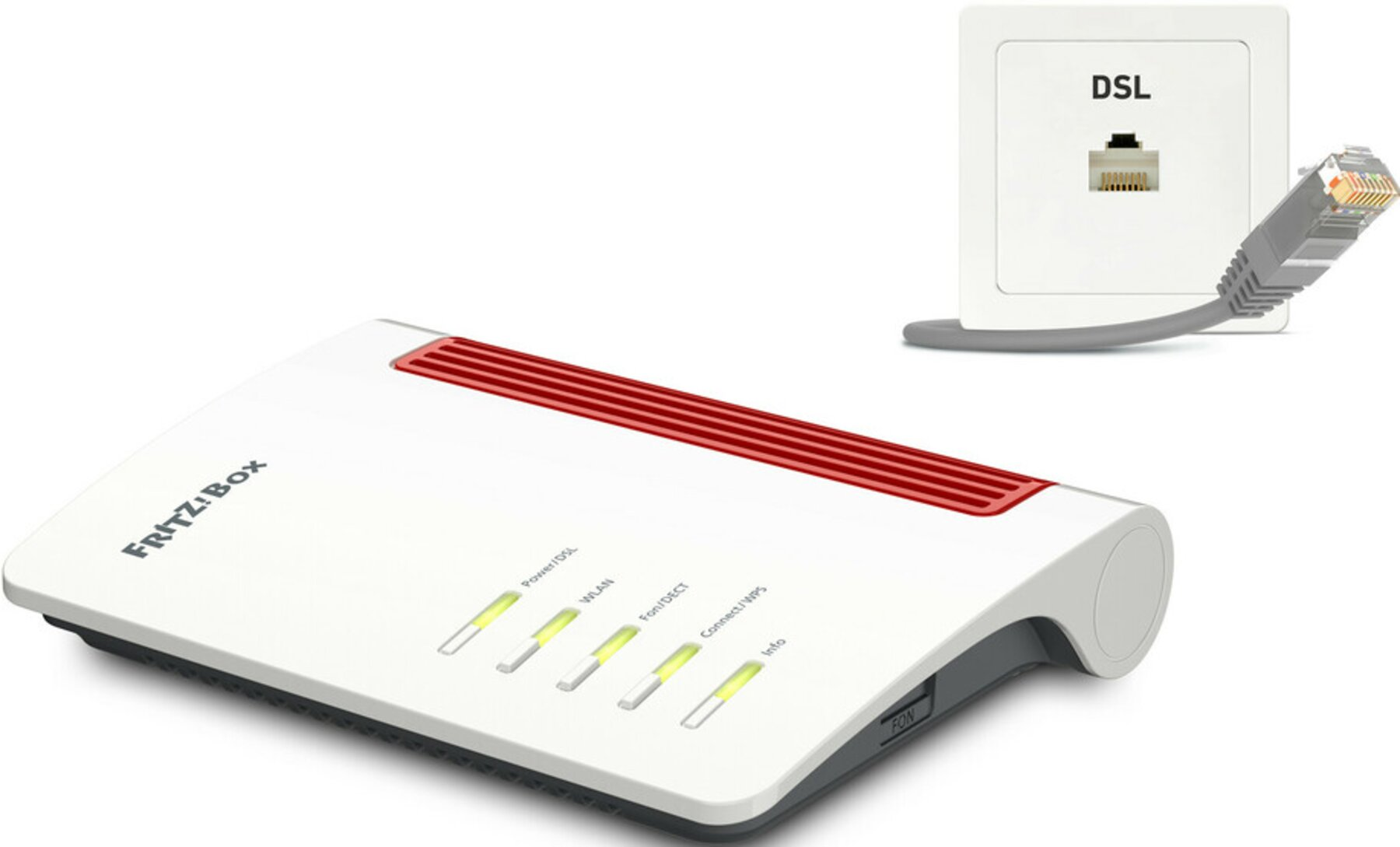 Ein weißer Fritz!Box-Router mit roten Streifen und einem DSL-Anschluss. Ein graues Kabel verbindet sich mit einer DSL-Steckdose.