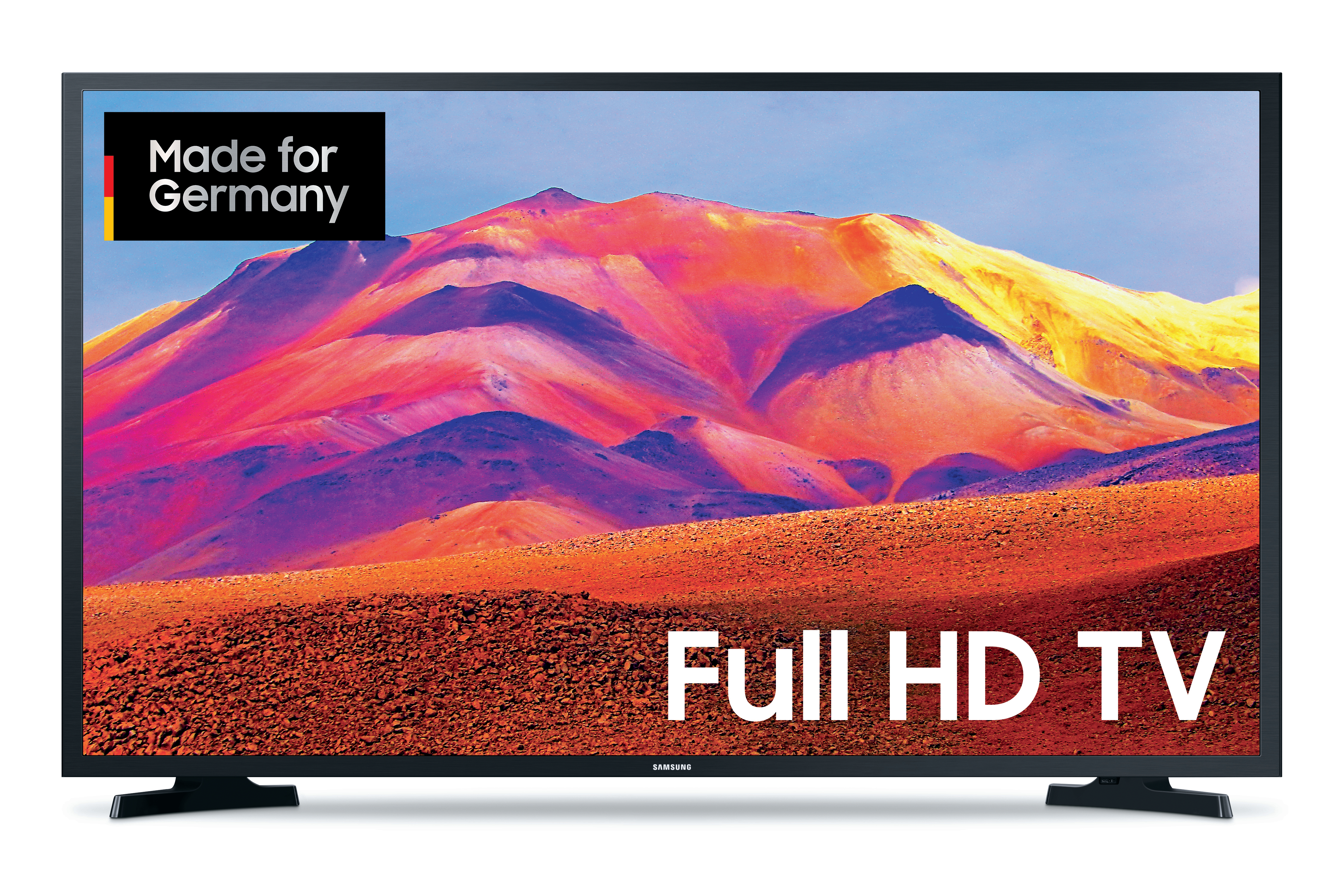 Vorderansicht eines Fernsehers mit dem Text "Full HD TV" und "Made for Germany" oben.