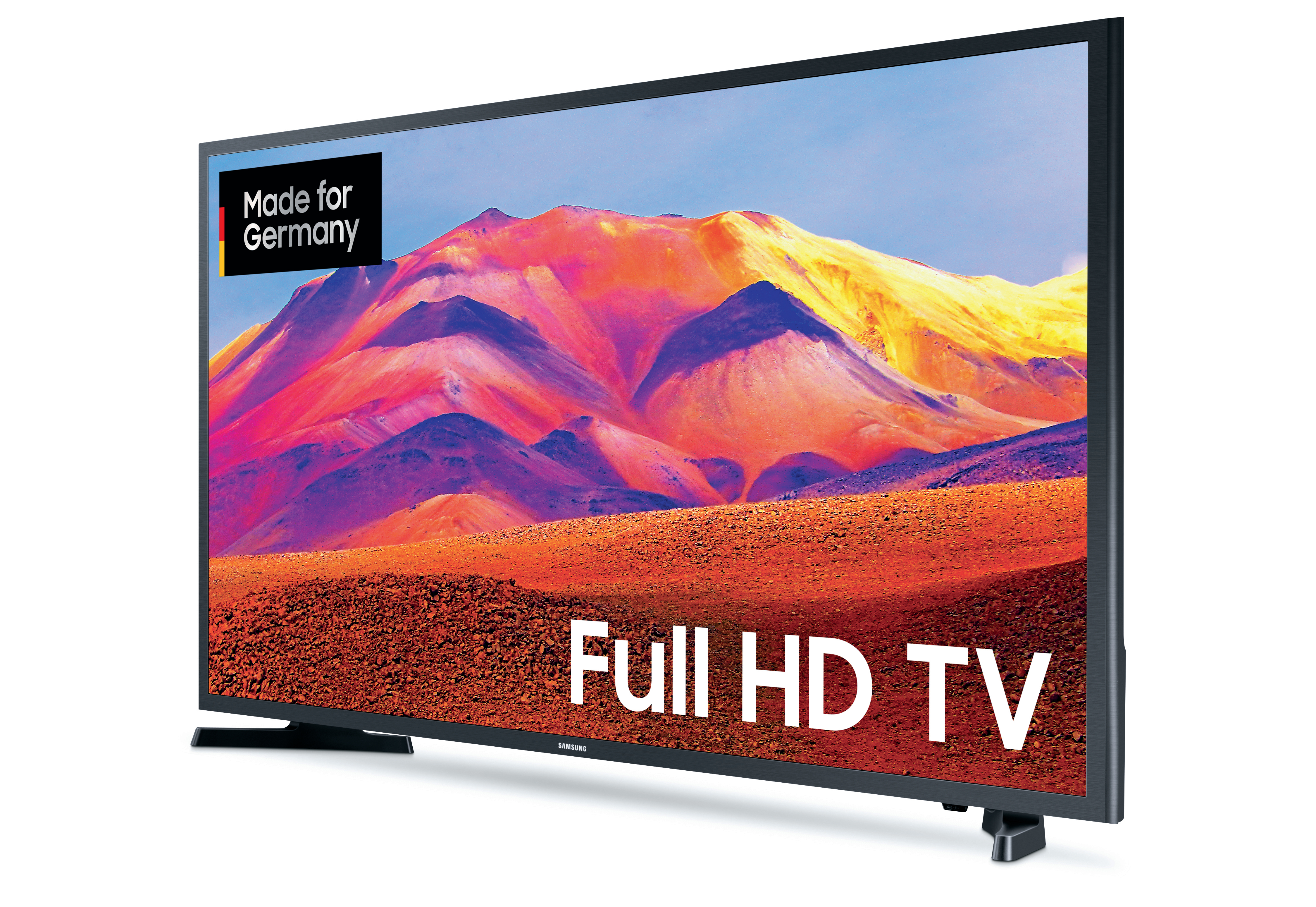 Ein geneigter Full HD Fernseher, als made for Germany gekennzeichnet.