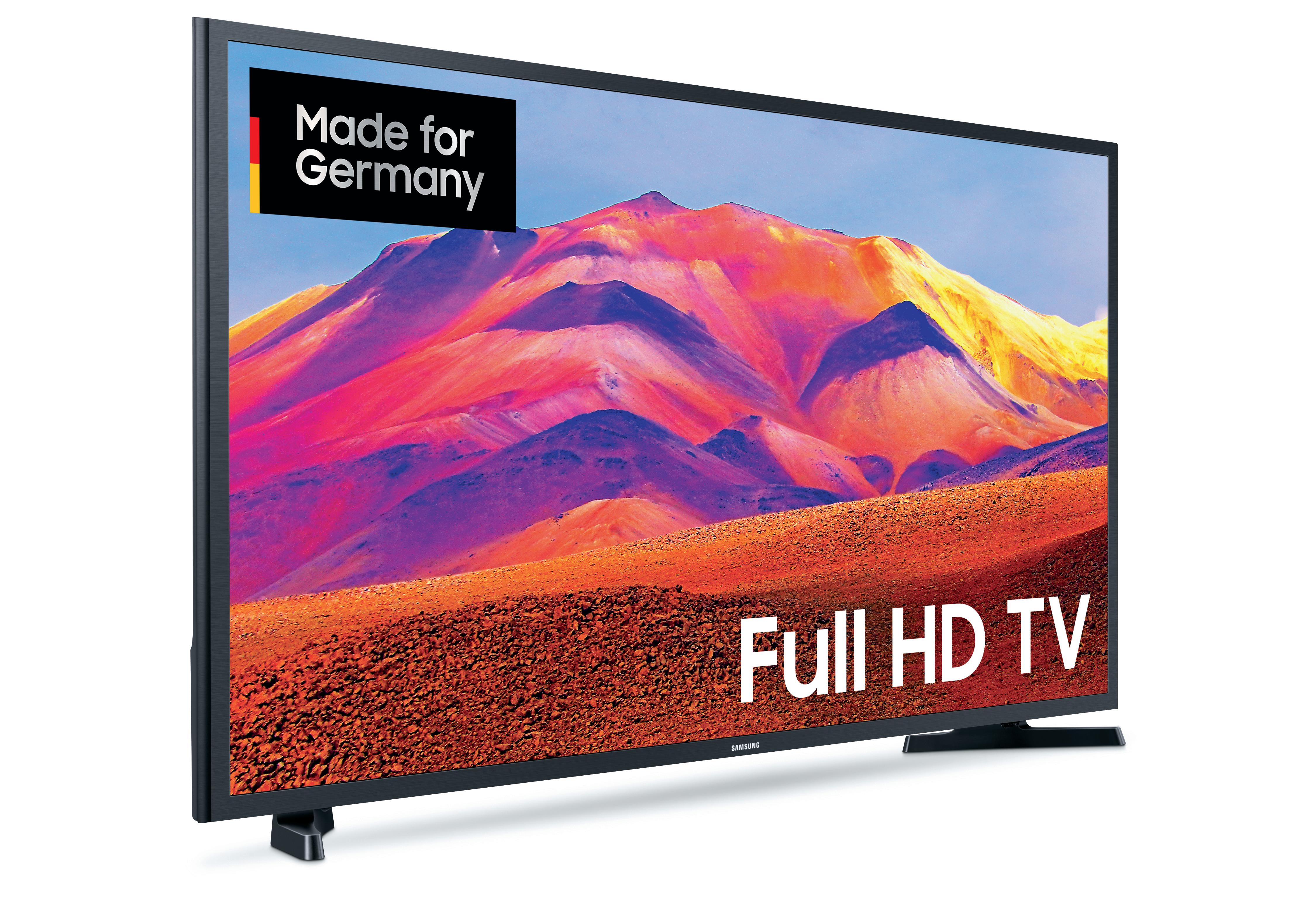 Ein schwarzer Fernseher mit einem Label 'Made for Germany'. Full HD TV steht unten.
