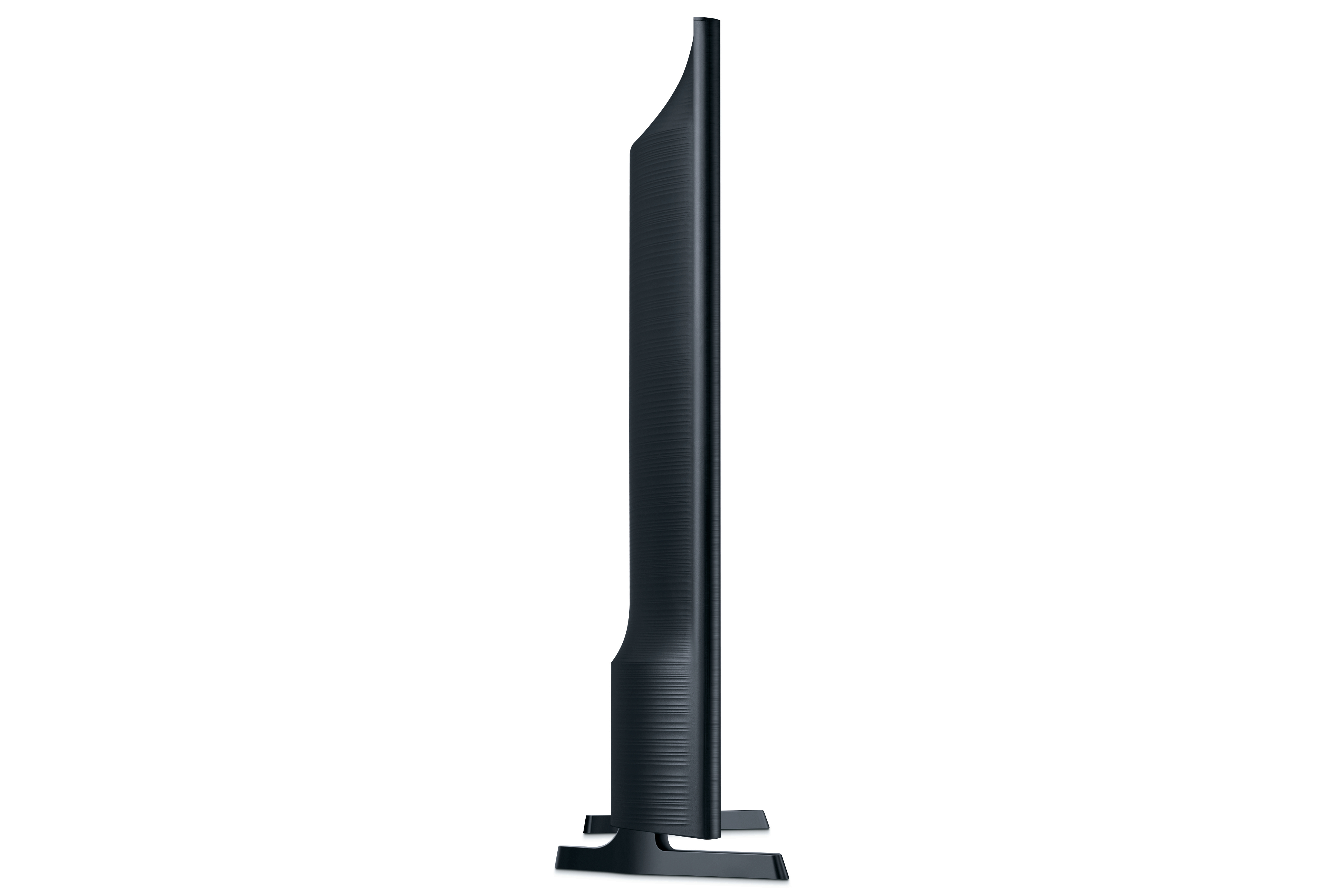 Eine Seitenansicht eines schwarzen Fernsehers. Schwarzer Rahmen, schwarzer Ständer, weißer Hintergrund.