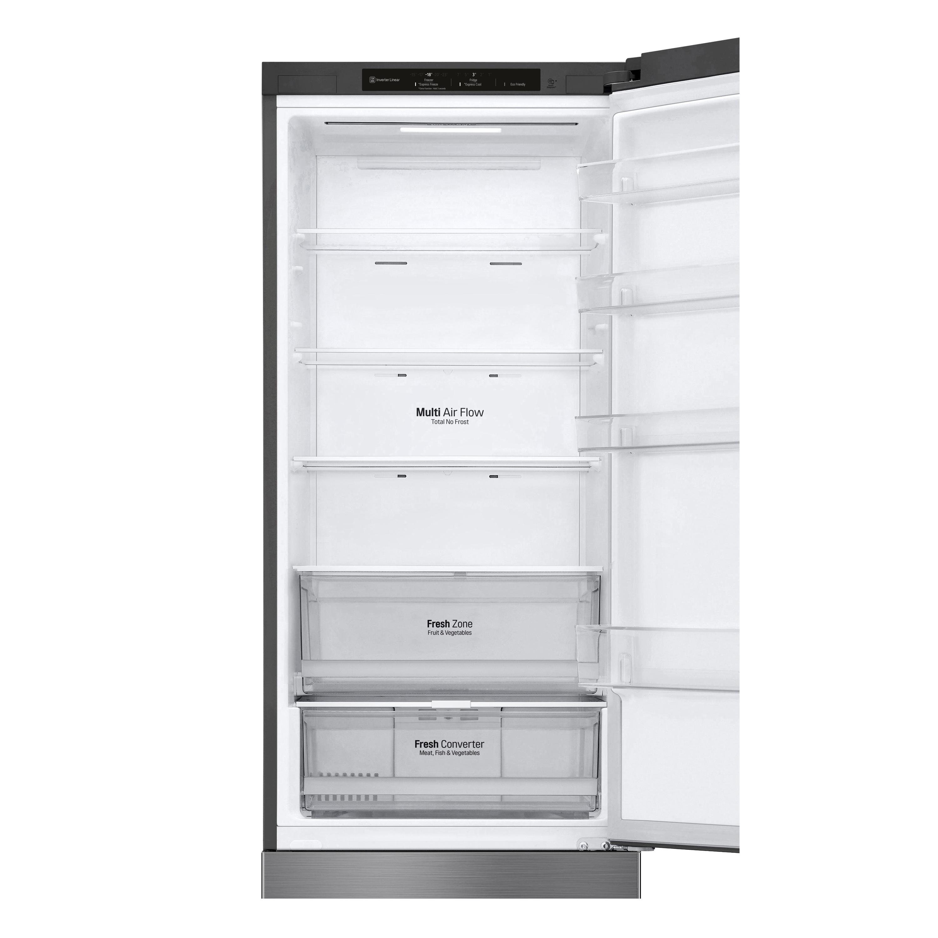 Ein offener Kühlschrank mit mehreren durchsichtigen Schubladen, gefüllt mit Lebensmitteln, in einer Küche.