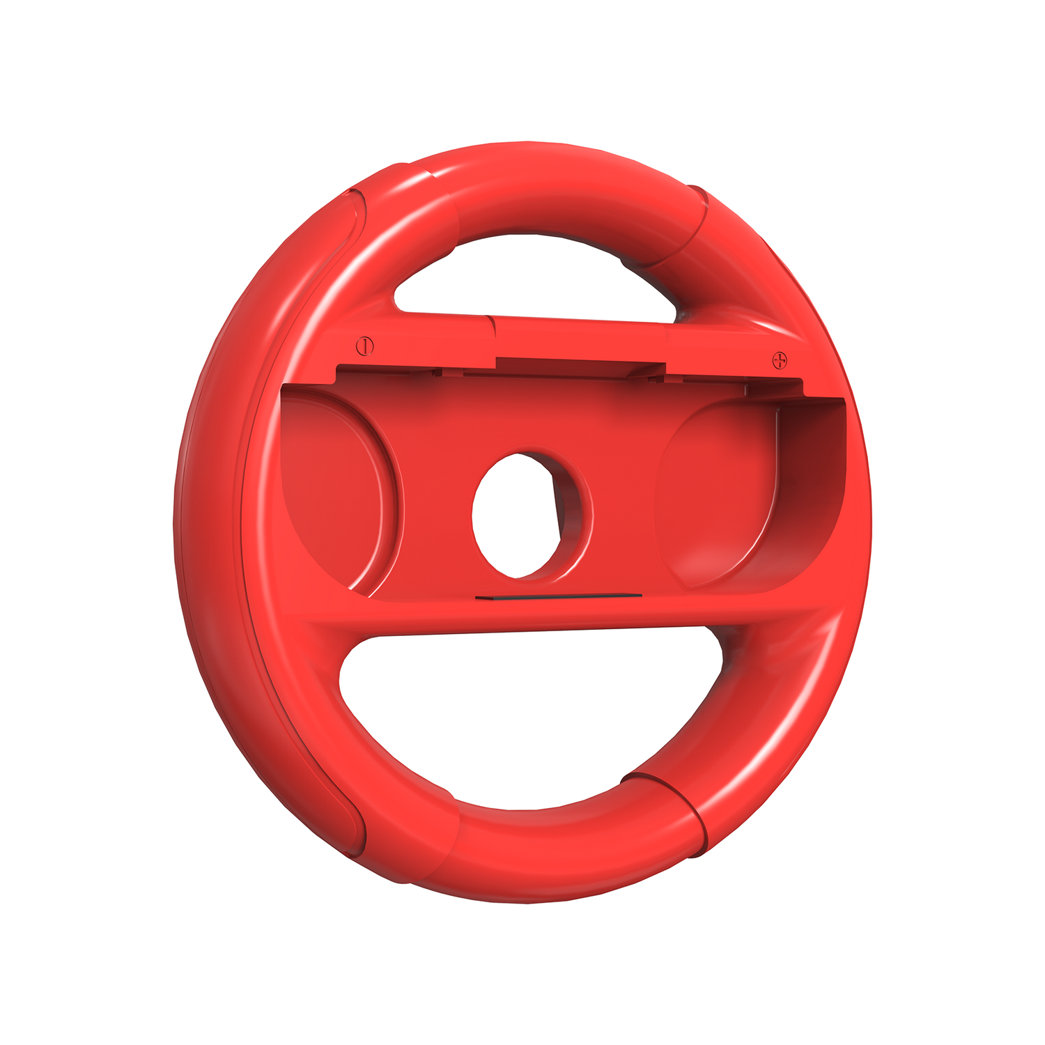 Red game steering wheel with a hole in the middle. It is on a white background.