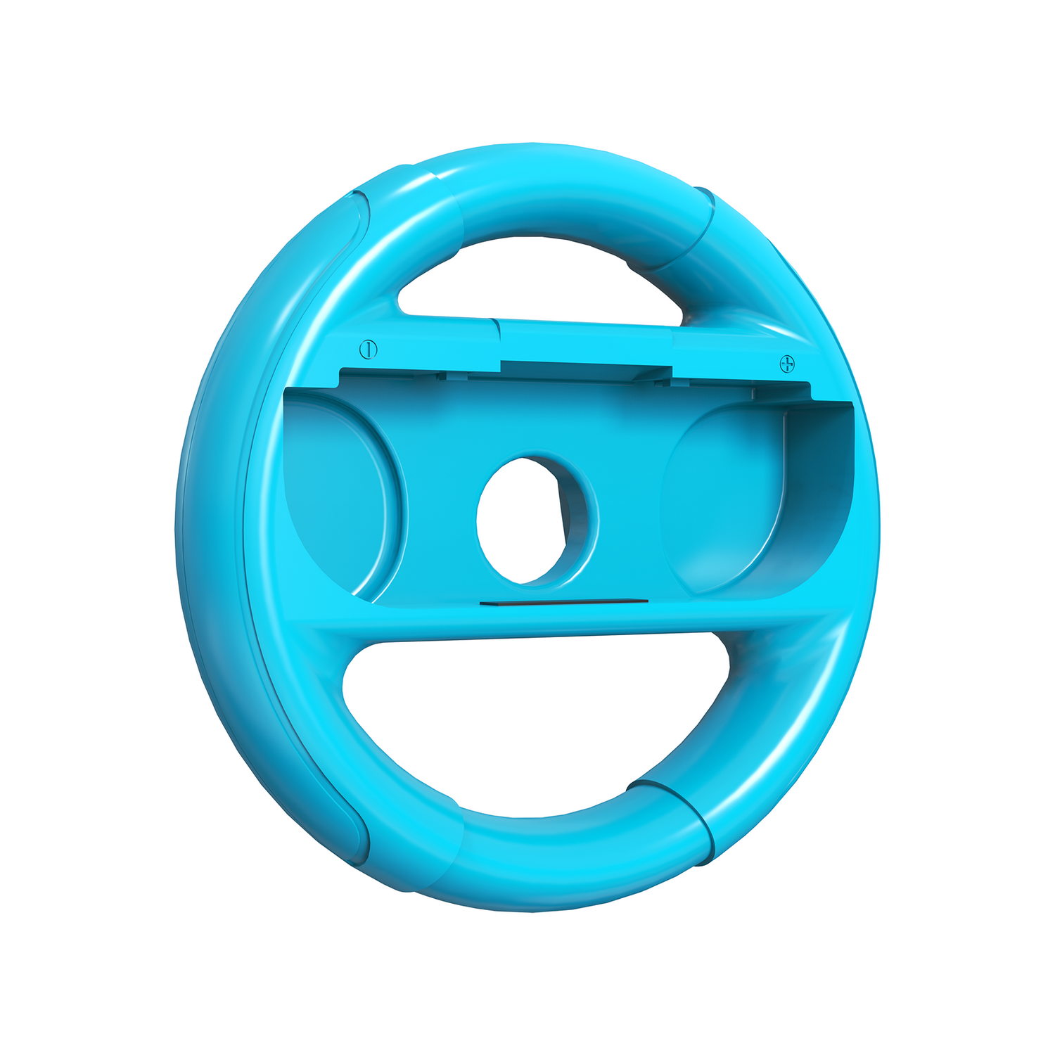 A turquoise steering wheel controller for a gaming console, isolated on a white backdrop.