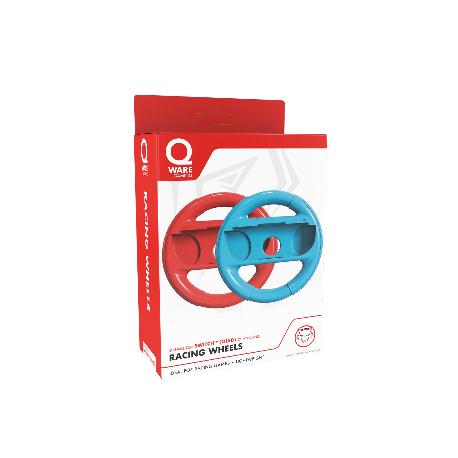Game controller accessories in a red and white box. Two steering wheels are visible.