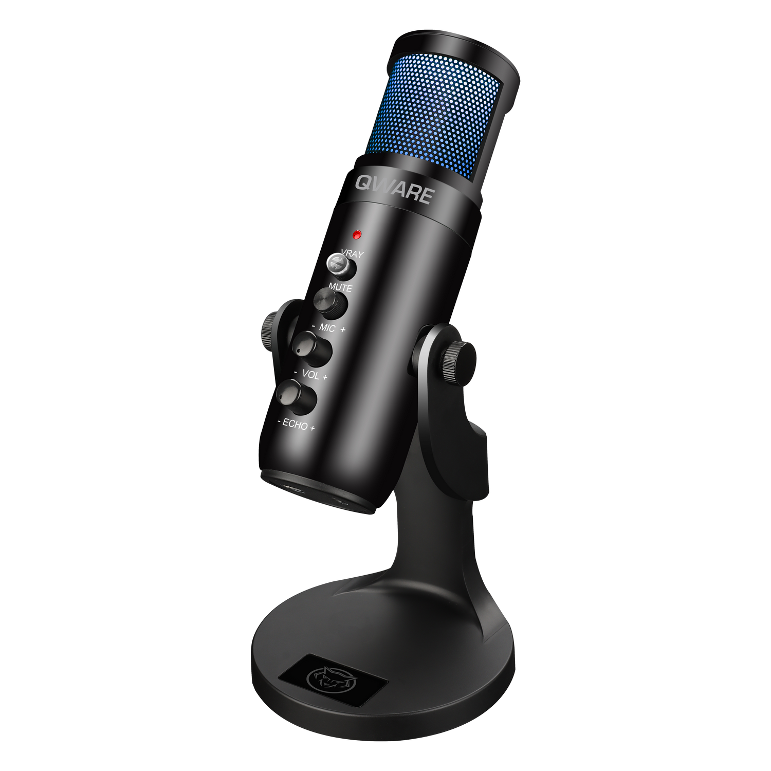 Black microphone with Qware branding and a blue mesh.
