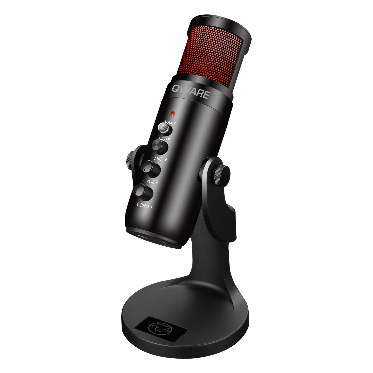A black Qware microphone with a red mesh top and a stand. The background is black.