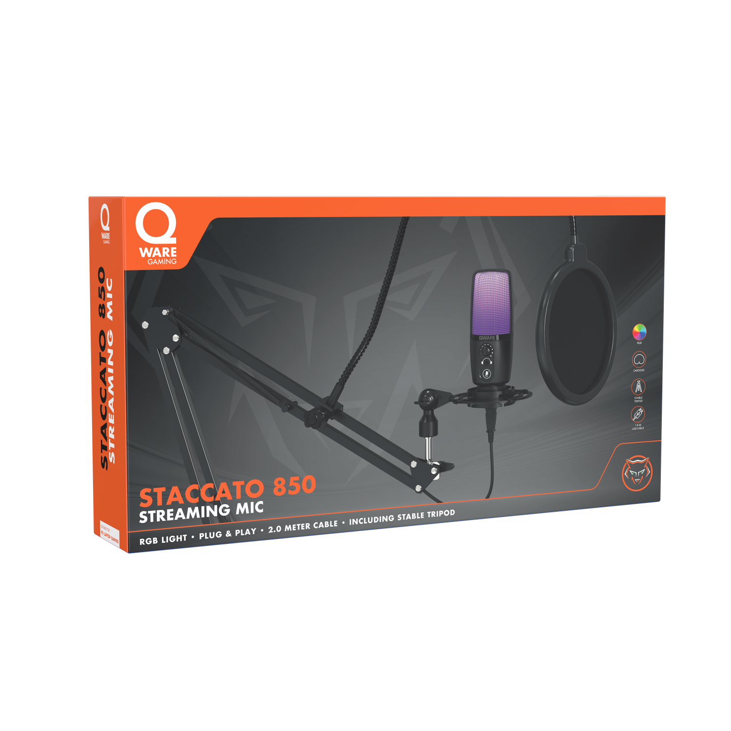 Streaming microphone in a box with accessories, black and red color scheme.