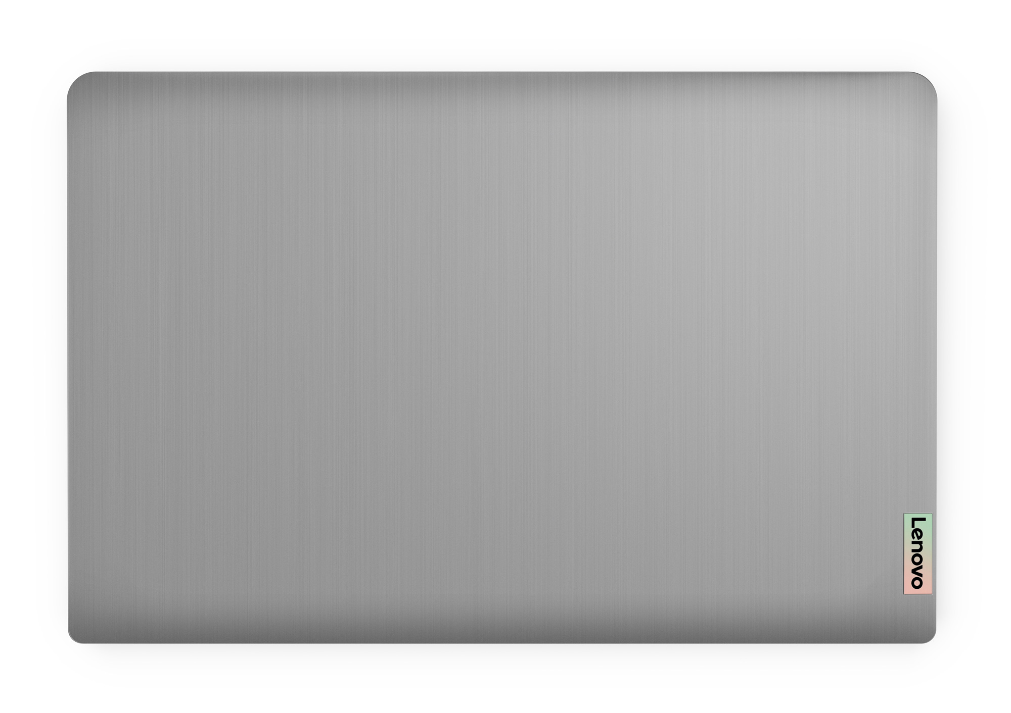 Laptop Lenovo, vista superior. Color plateado, logo Lenovo.