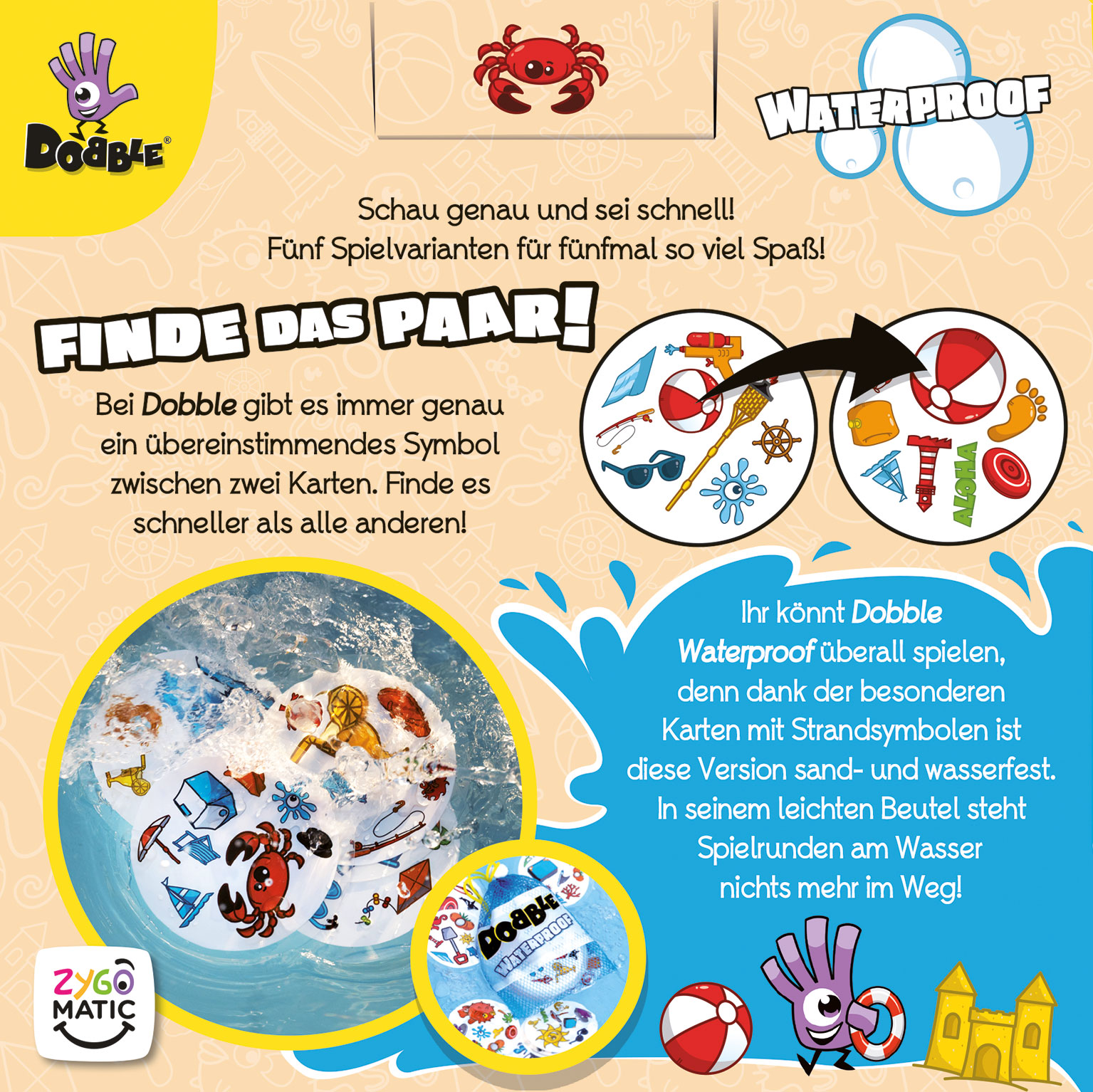 Dobble wasserdichte Spielkarten mit Krabben- und Strandsymbolen.