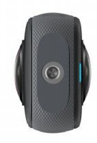 Czarna kamera 360 stopni. Cylindryczna z soczewkami po każdej stronie, szary uchwyt. Niebieski przycisk.