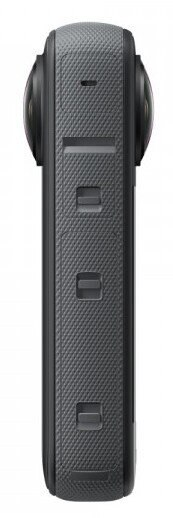 Czarny aparat z dwoma obiektywami z boku, ze wzorem tekstury. Białe tło.