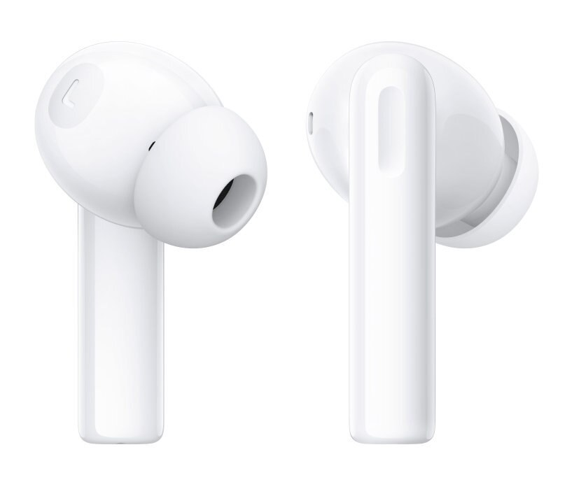 Dwa białe bezprzewodowe słuchawki na białym tle. Jedna z profilu, druga z przodu.