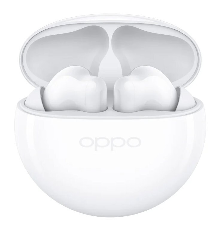 Białe słuchawki Oppo w otwartym etui ładującym. Logo Oppo na etui.