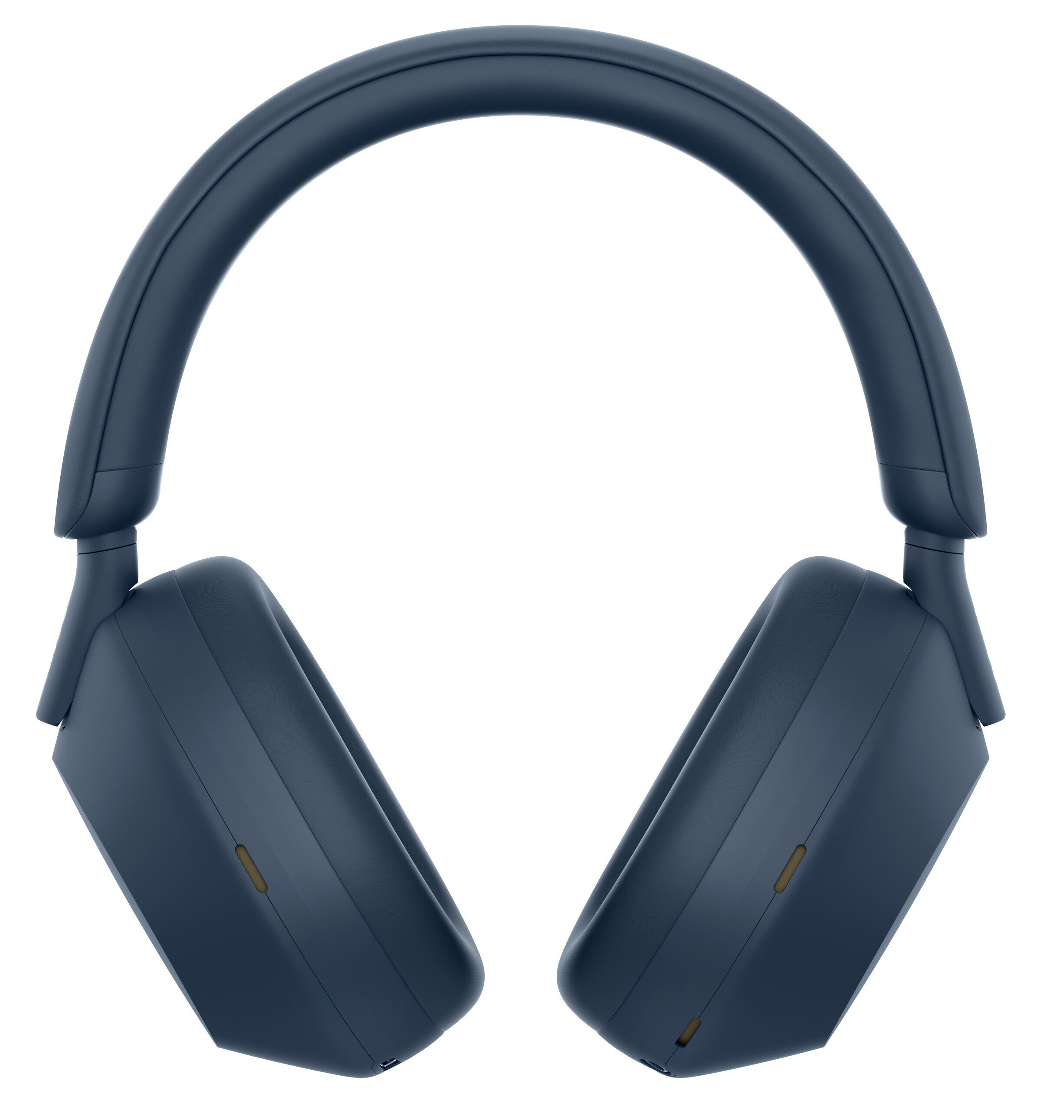 Niebieskie słuchawki. Widok z góry. Białe tło. Czysty i nowoczesny design.