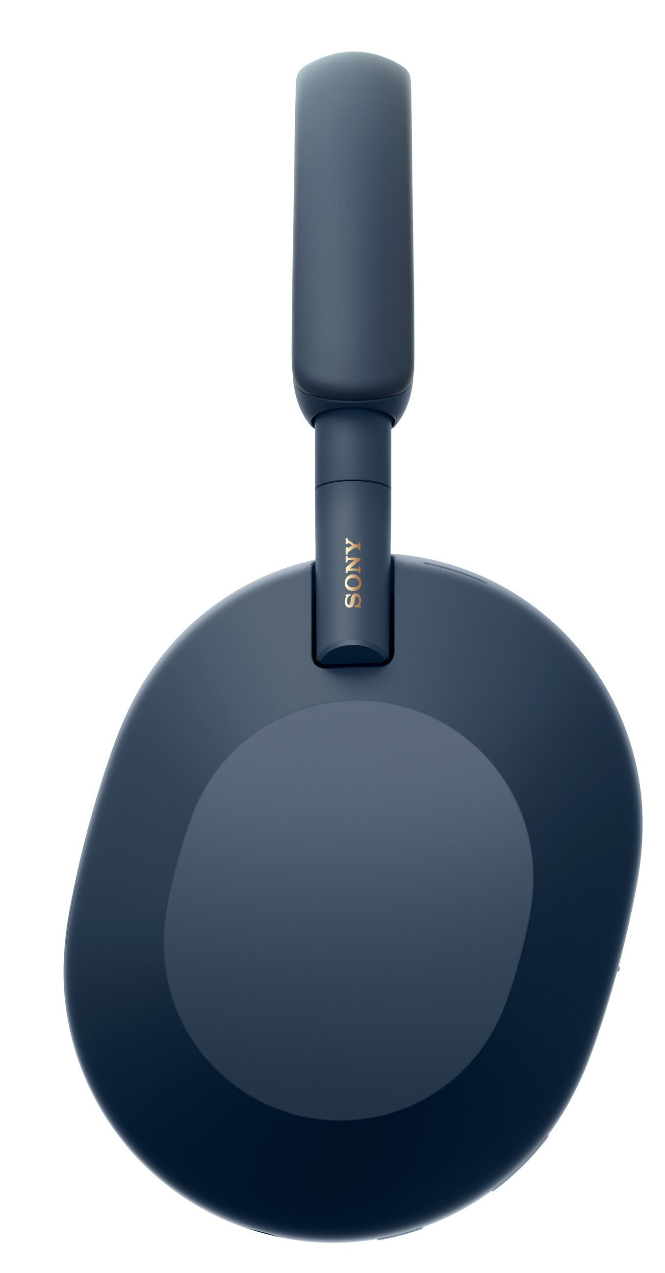 Ciemnoniebieskie słuchawki Sony, widok z boku. Logo Sony widoczne na pałąku.
