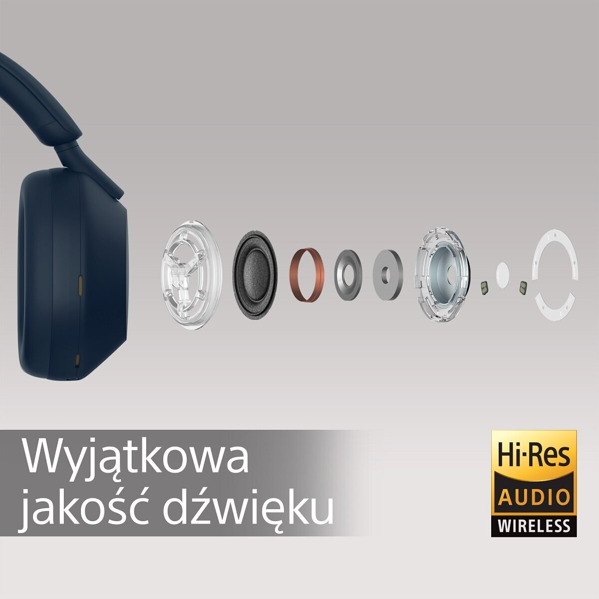 Niebiesko-czarne słuchawki bezprzewodowe z rozłożonymi elementami i logo 'Hi-Res Audio'.