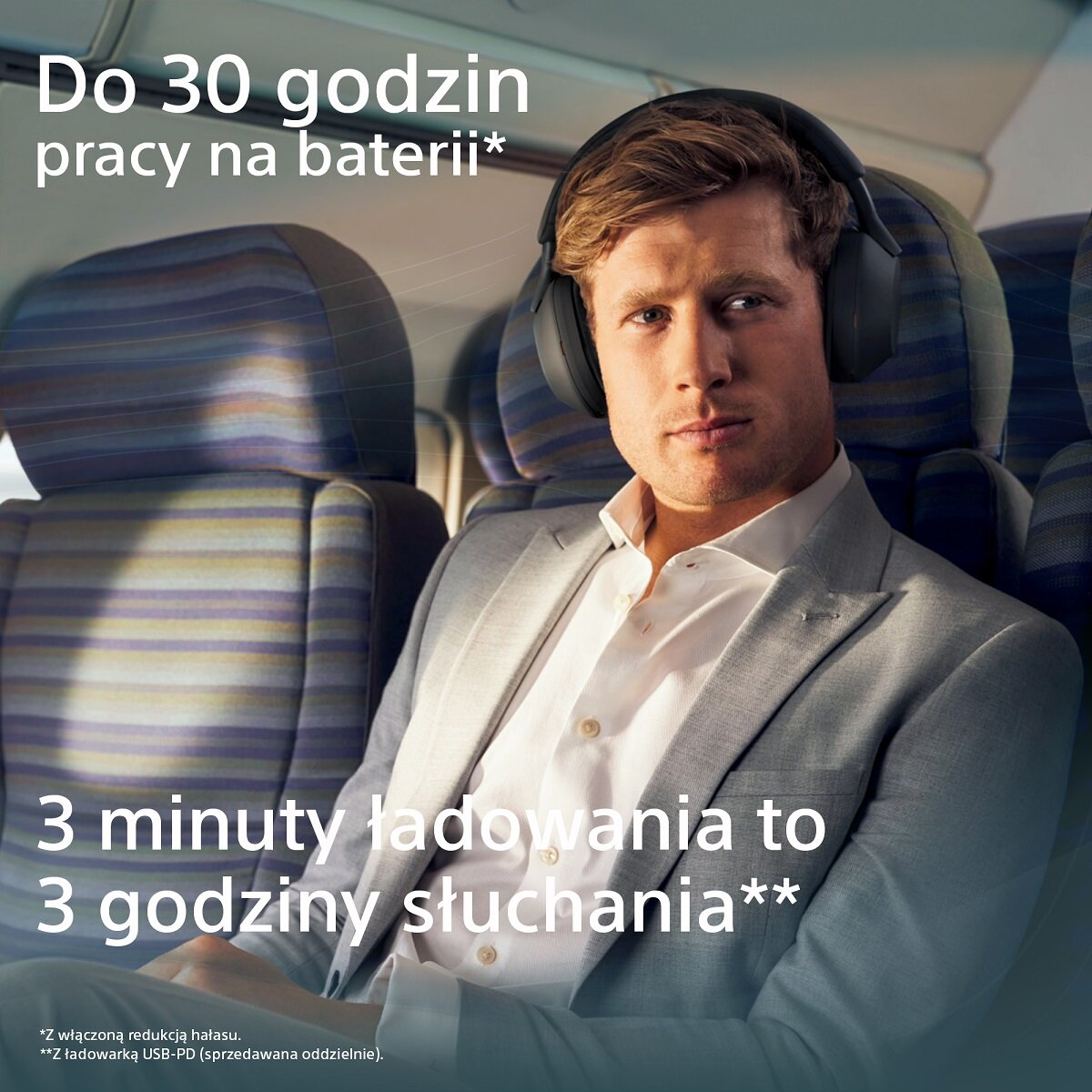 Mężczyzna w słuchawkach w autobusie. Tekst: 30h pracy na baterii, 3 min ładowania = 3h słuchania.