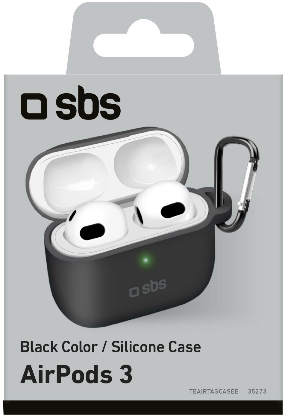 Czarny futerał AirPods 3 z AirPods w środku, karabińczykiem i tekstem.