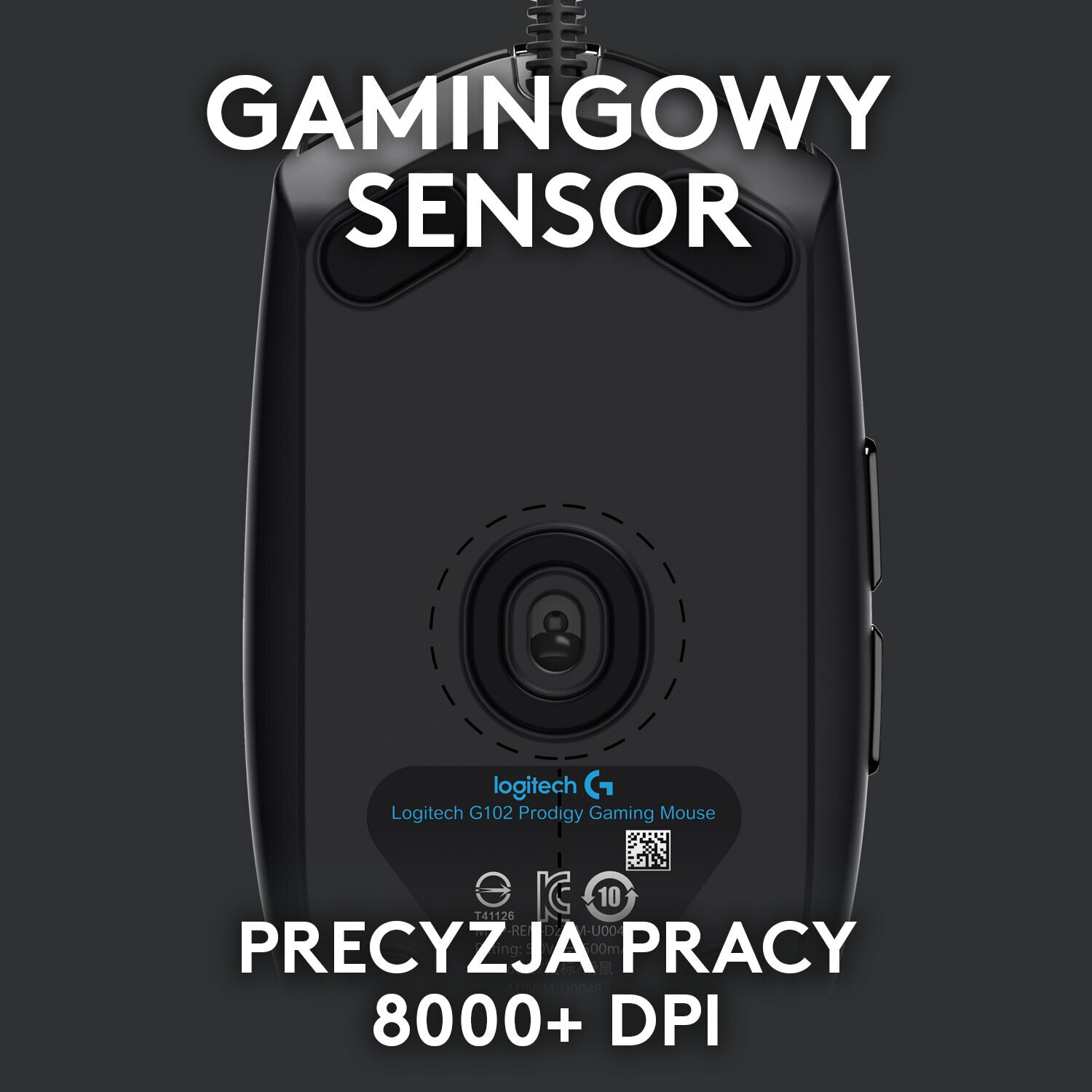 Widok od spodu czarnej myszy gamingowej z tekstem 'Gaming Sensor' i 'Precision Work'.