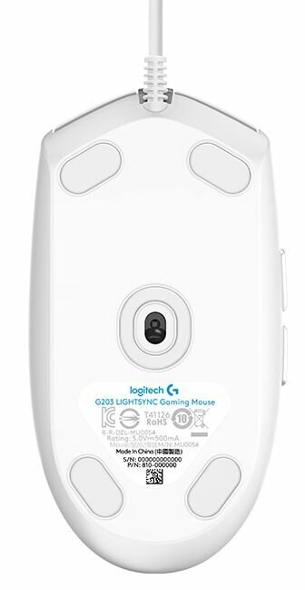 Spód białej myszy do gier z nadrukowanymi logo i szczegółami.