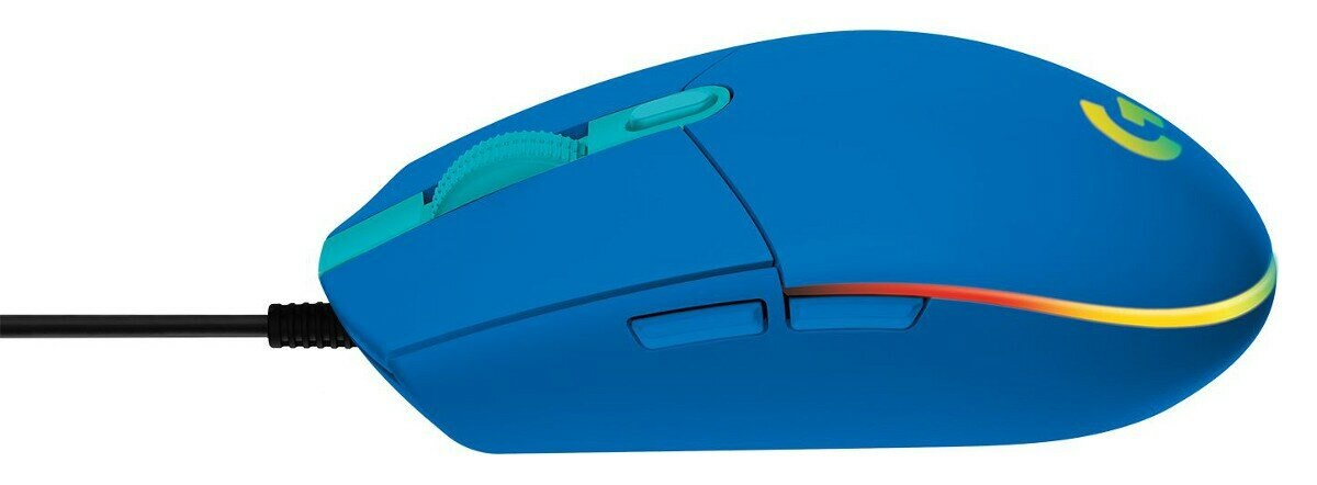 Niebieska mysz gamingowa Logitech z kablem i zielonymi akcentami.